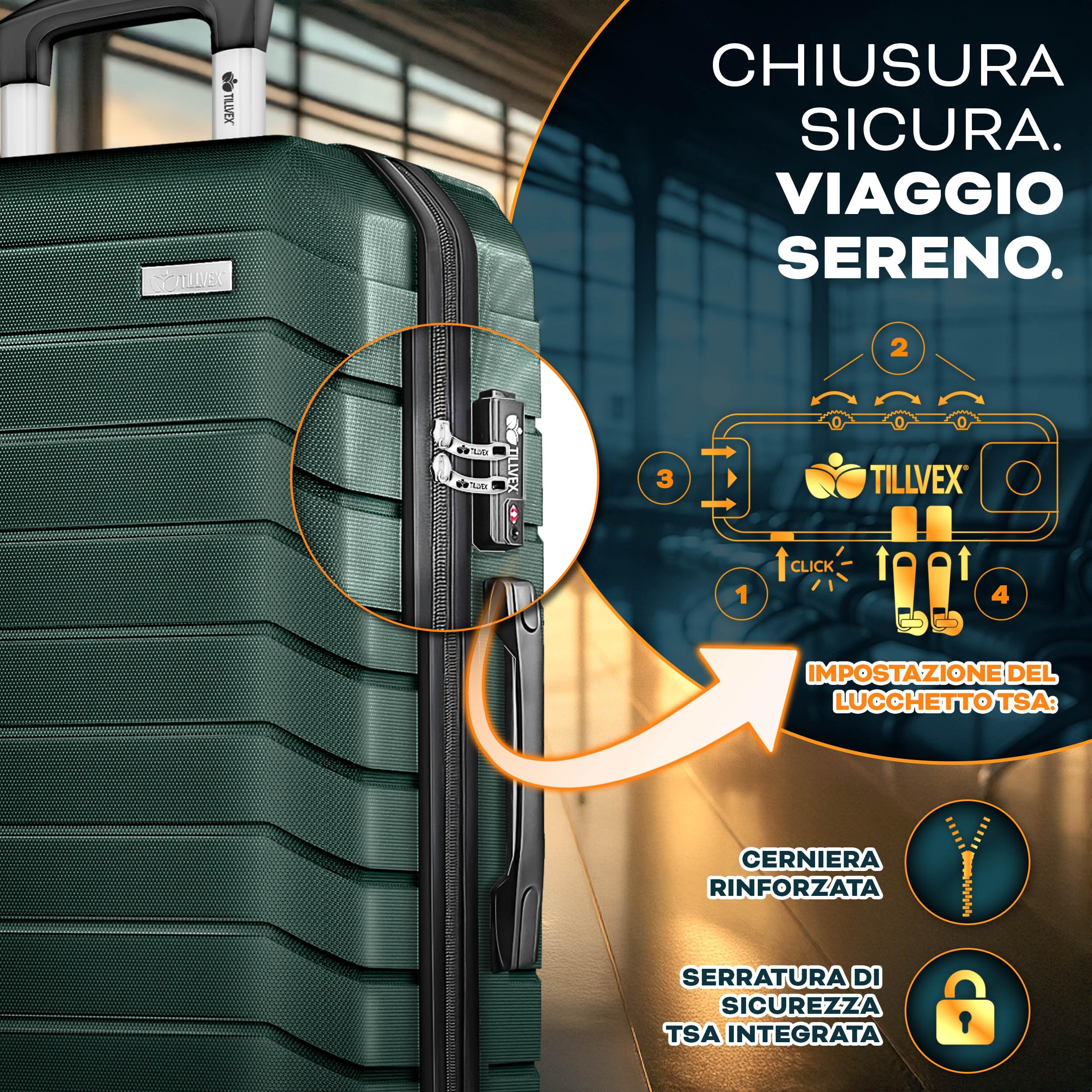 tillvex® Set di 3 valigie da viaggio + bilancia per bagagli, 3 cinghie per valigie e 3 etichette per bagagli, set da 4 ruote, trolley valigia TSA, serratura rigida M-L-XL, verde militare