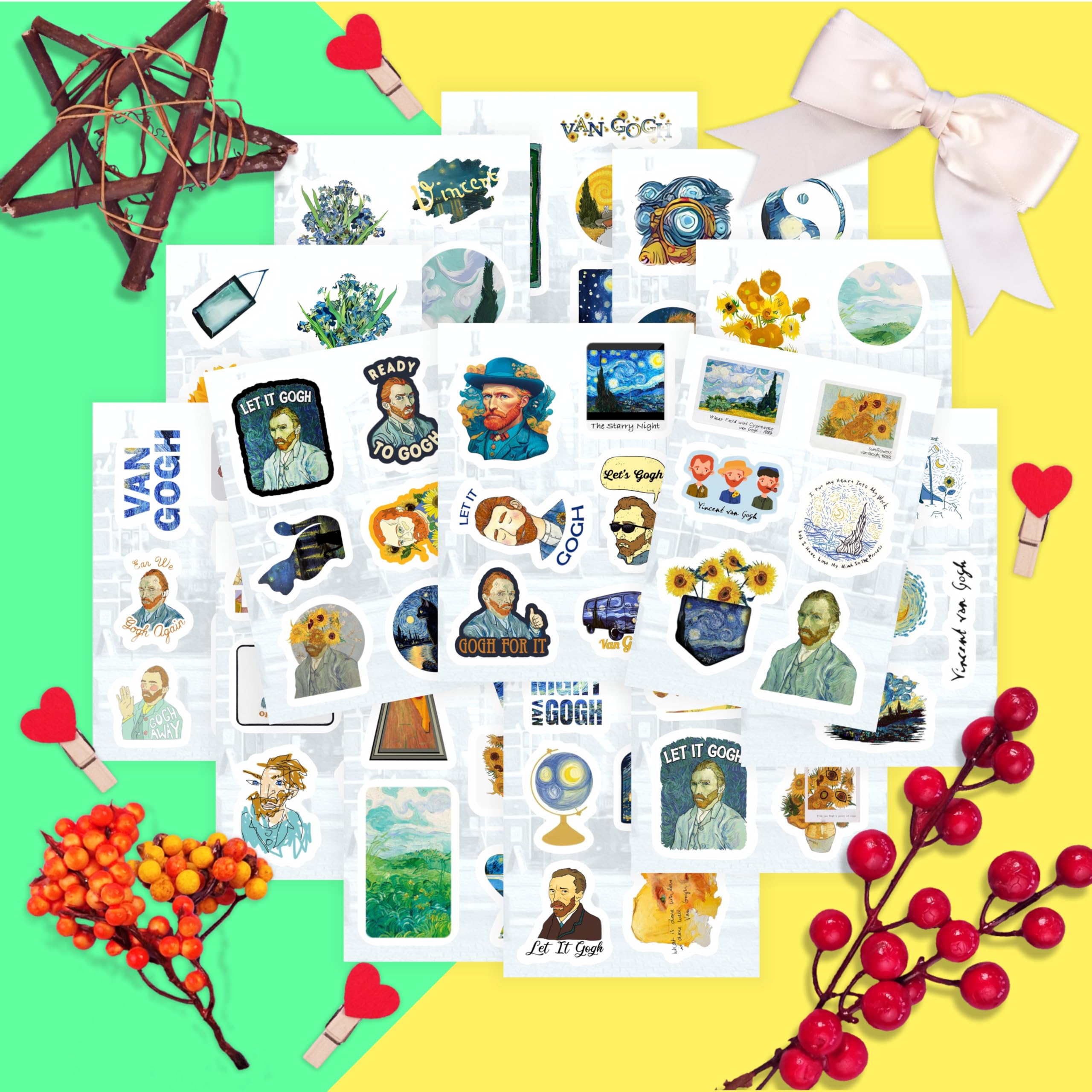 BulbaCraft 100Pcs Van Gogh Stickers for Water Bottle and Laptop - Van Gogh Party Supplies & Decorations, Waterproof Vinyl Decals, Art and Museum Stickers, Gifts for Women & Men