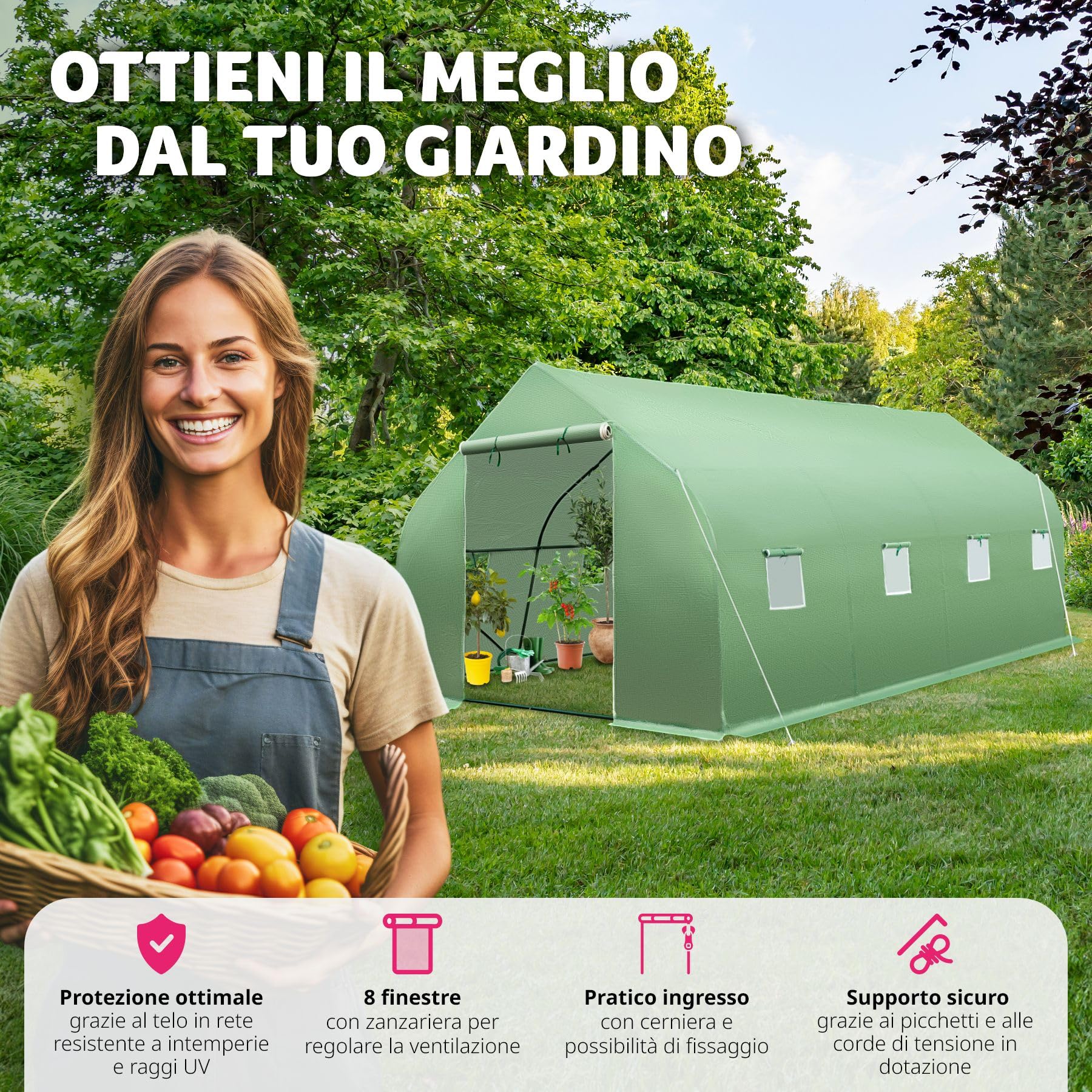 tectake® Serra da Giardino in Acciaio e PVC, 600x300x205cm, 18 m² di Superficie Utile, 8 Finestre Laterali con Zanzariera, Serra Ideale per Verdure, Erbe, Frutta, Fiori, Resistente al Freddo e al Gelo