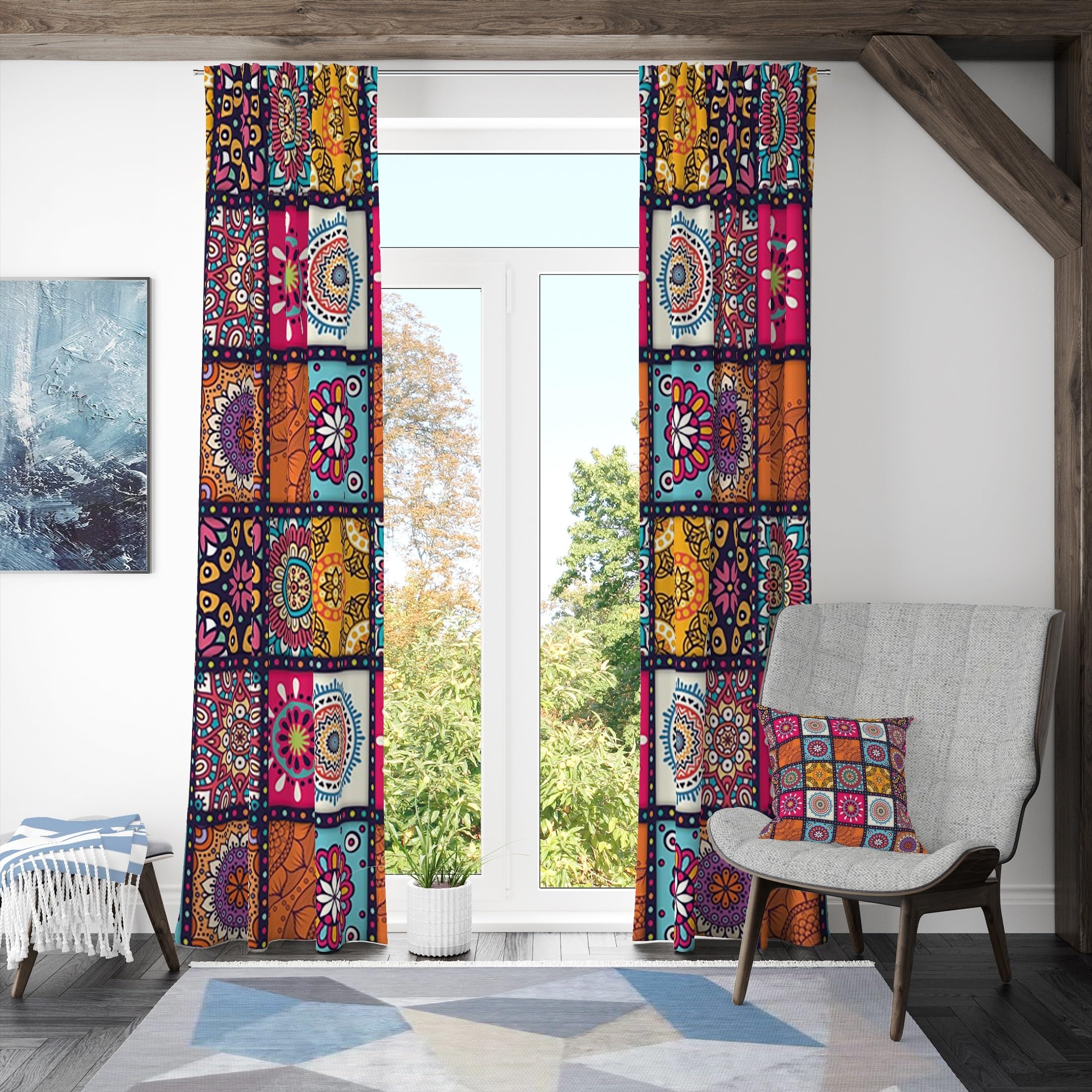 ggaimwf Boho Patchwork Curtain Mandala Abstract Pattern Hippie Moroccan Curtain Pencil Pleat Multicolor Window Decor Bedroom Dining Room Privacy Curtain Room Divider Rod Pocket 107x160cm 2 Panels - Image 2