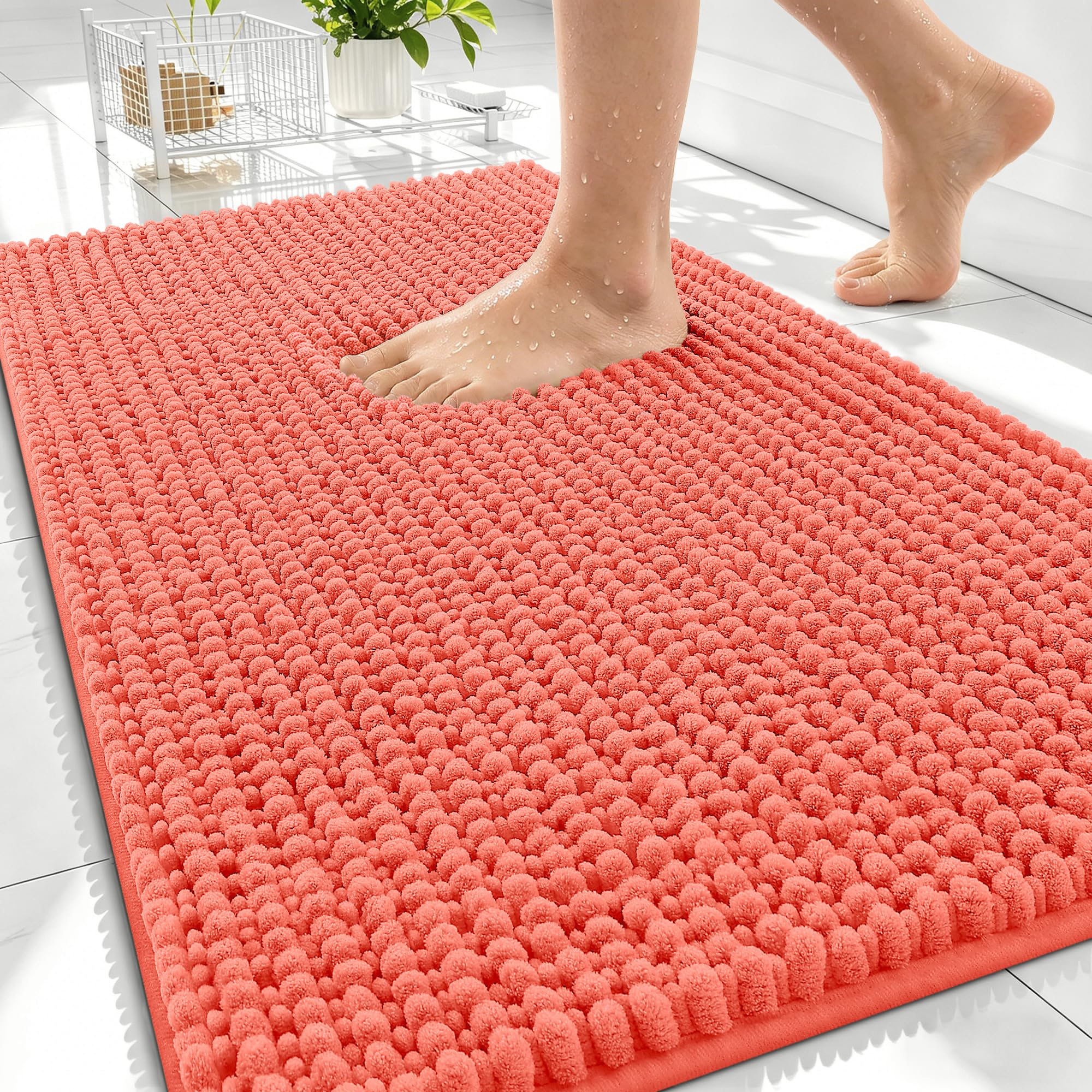 OLANLY Thick Chenille Bathroom Rugs 30x20, Soft Absorbent Bath Mat, Coral