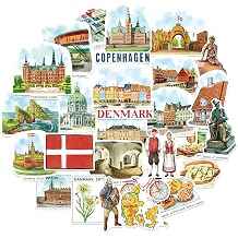 Navy Peony Delightful Denmark Statement Stickers - Hand-Illustrated Watercolor, Glossy, Waterproof - for Luggage, Laptops, Water Bottles 28 Pcs