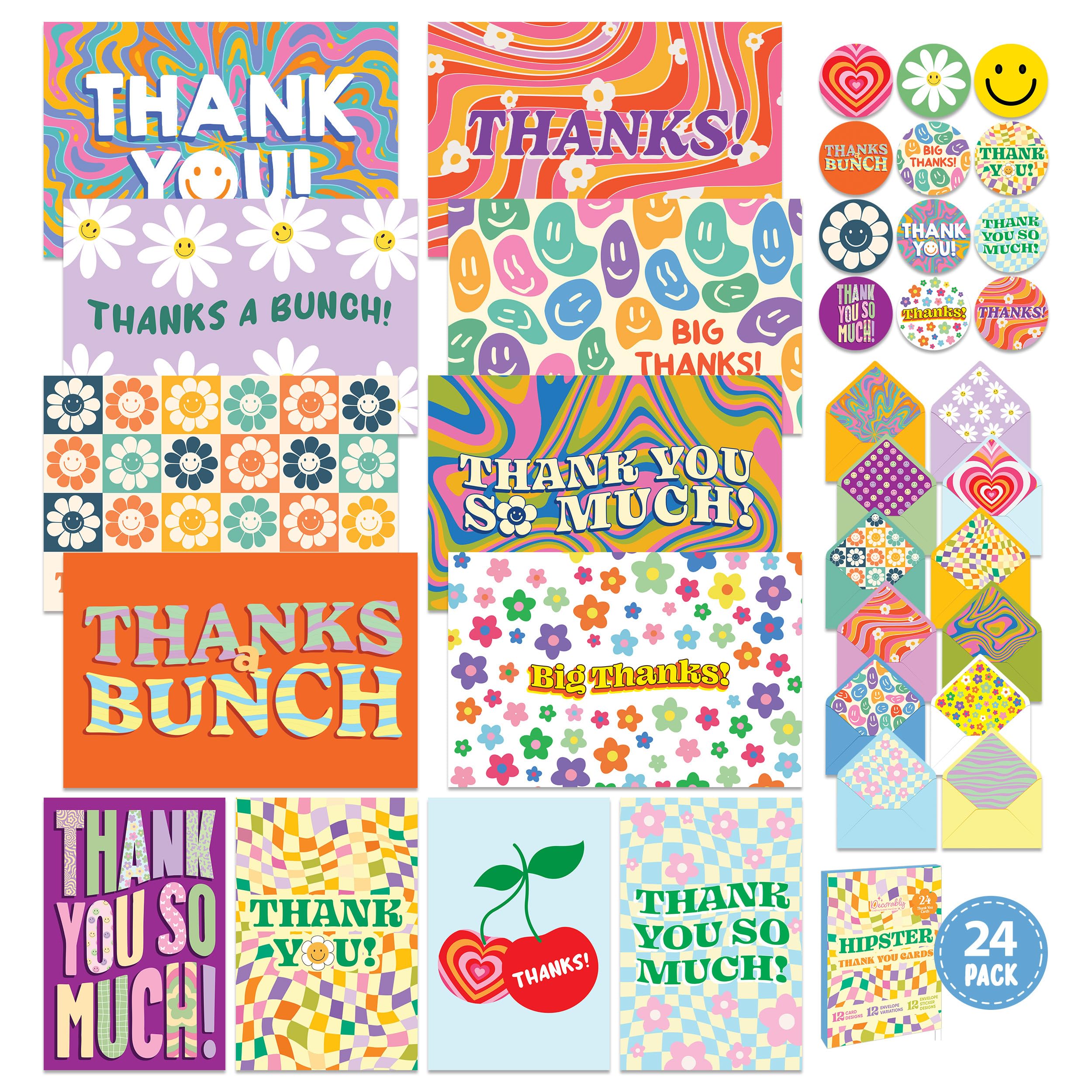 Decorably 24 Pack 6x4in Retro Kid Thank You Cards Birthday with Envelopes & Stickers, 12 Hipster Designs for Friends, Family and Loved Ones, Blank