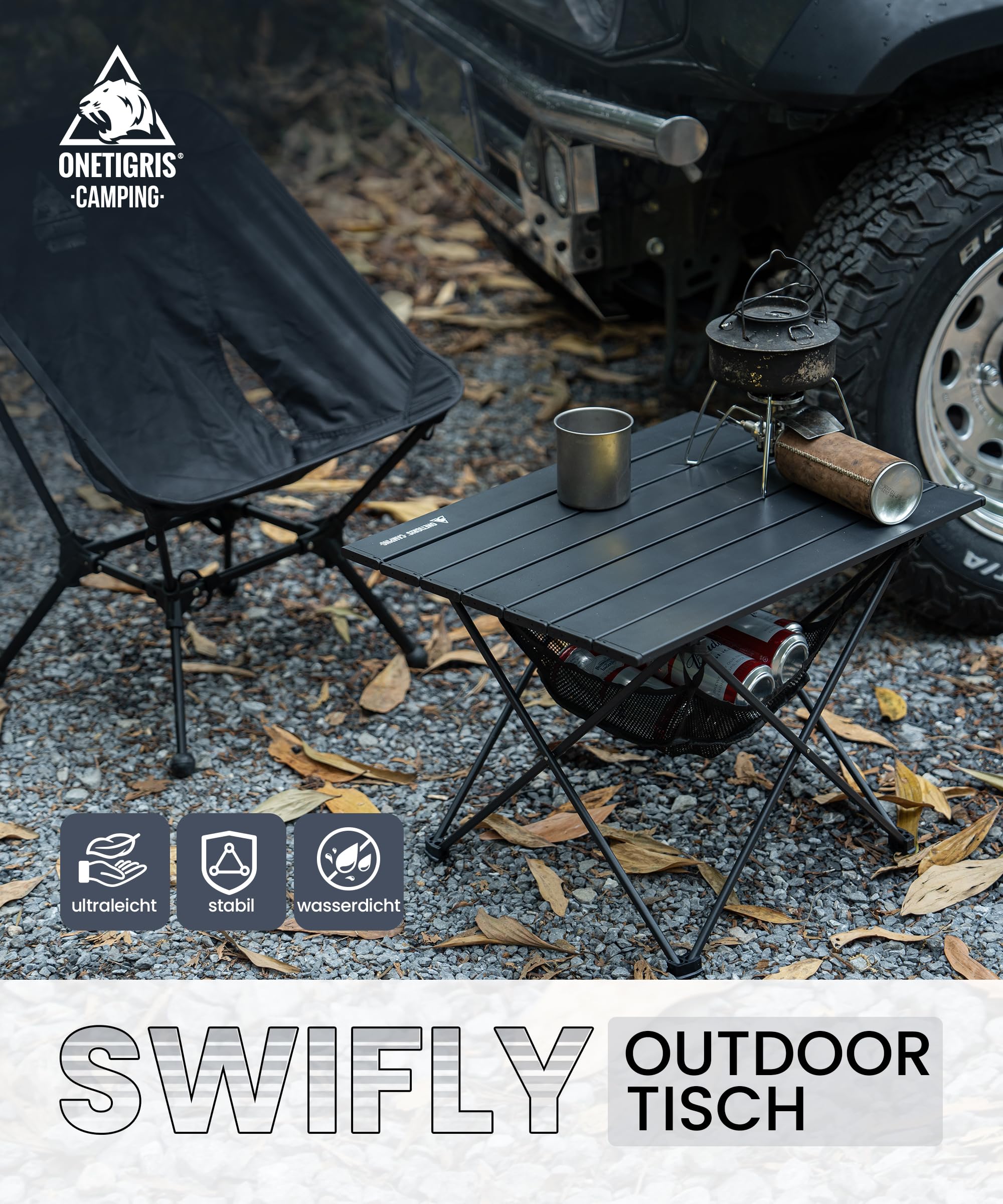 OneTigris SWIFLY Campingtisch Alu faltbar, Klapptisch klein faltbar, Outdoor Tisch Ultraleicht tragbarer, Tisch klappbar, Tragfähigkeit bis zu 30 kg für Outdoor, Wandern (56x40,5x39,5 cm)