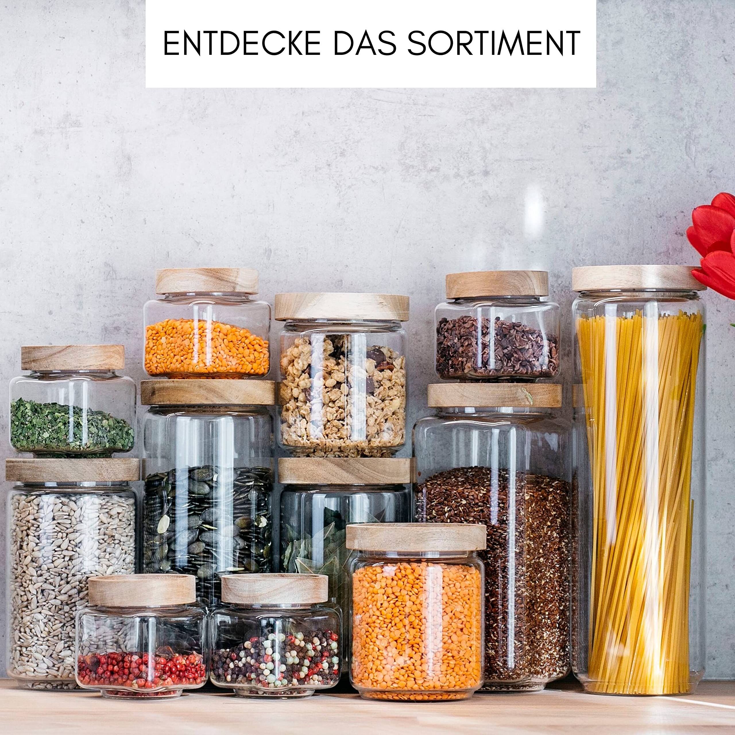 Econovo® Tarros de almacenamiento con tapa y patrón (500 ml, 4 piezas), apilables y herméticos, tarros de almacenamiento con tapa de madera, juego de recipientes de cristal, para alimentos