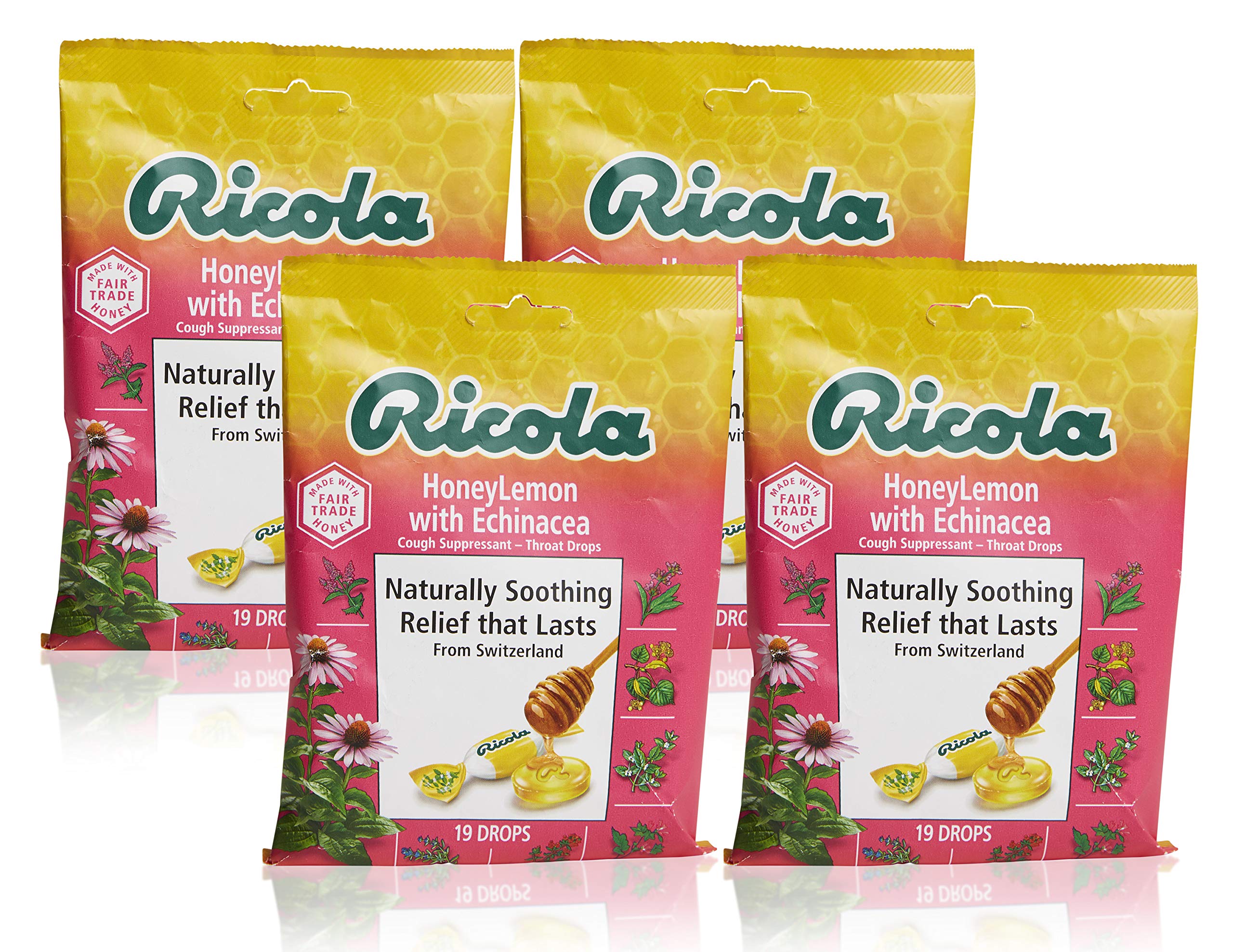 Ricola Honey Lemon w/Echinacea Herbal Cough Suppressant Throat Drops, 19ct Bag (Pack of 4)