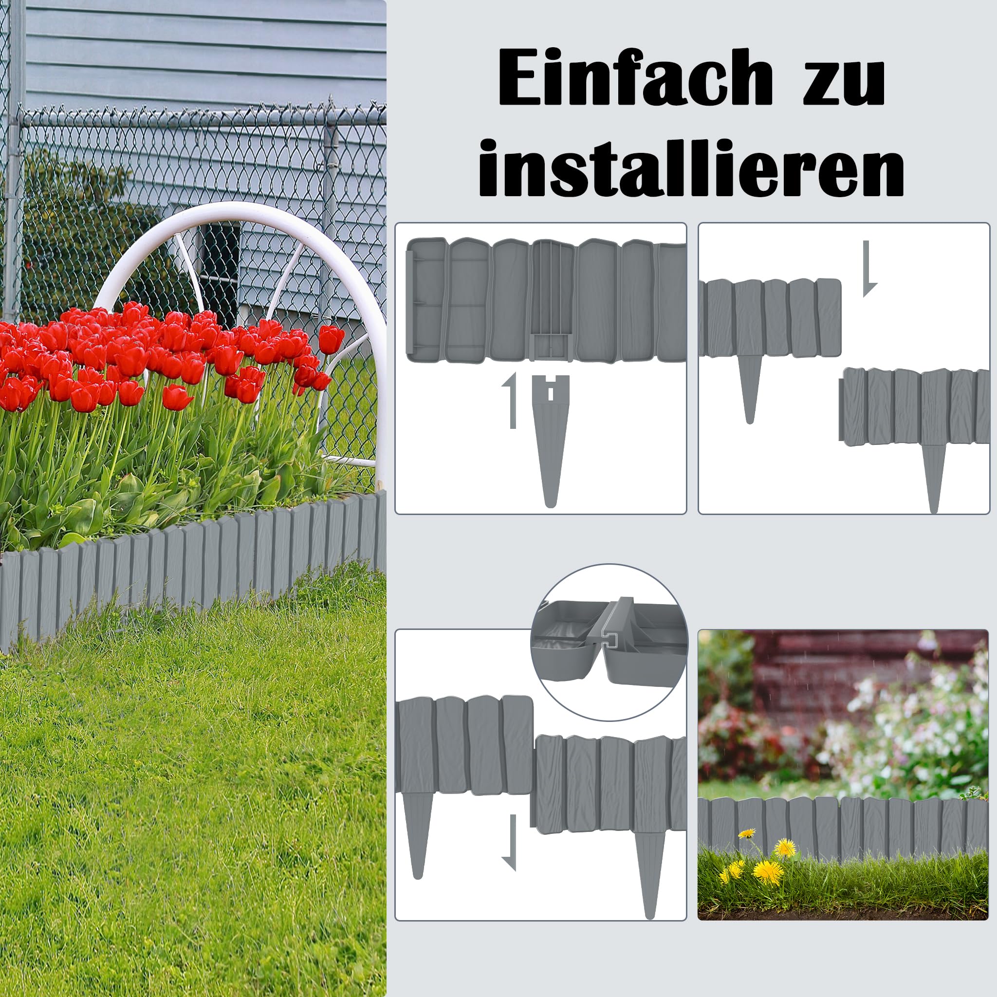FIVMEN Rasenkante Kunststoff 4,6 m Holzoptik Beeteinfassung Beetumrandung mit 10 cm Stifte Holzmaserung imitiert Mähkante Palisade Gartenzaun für Garten, Braun