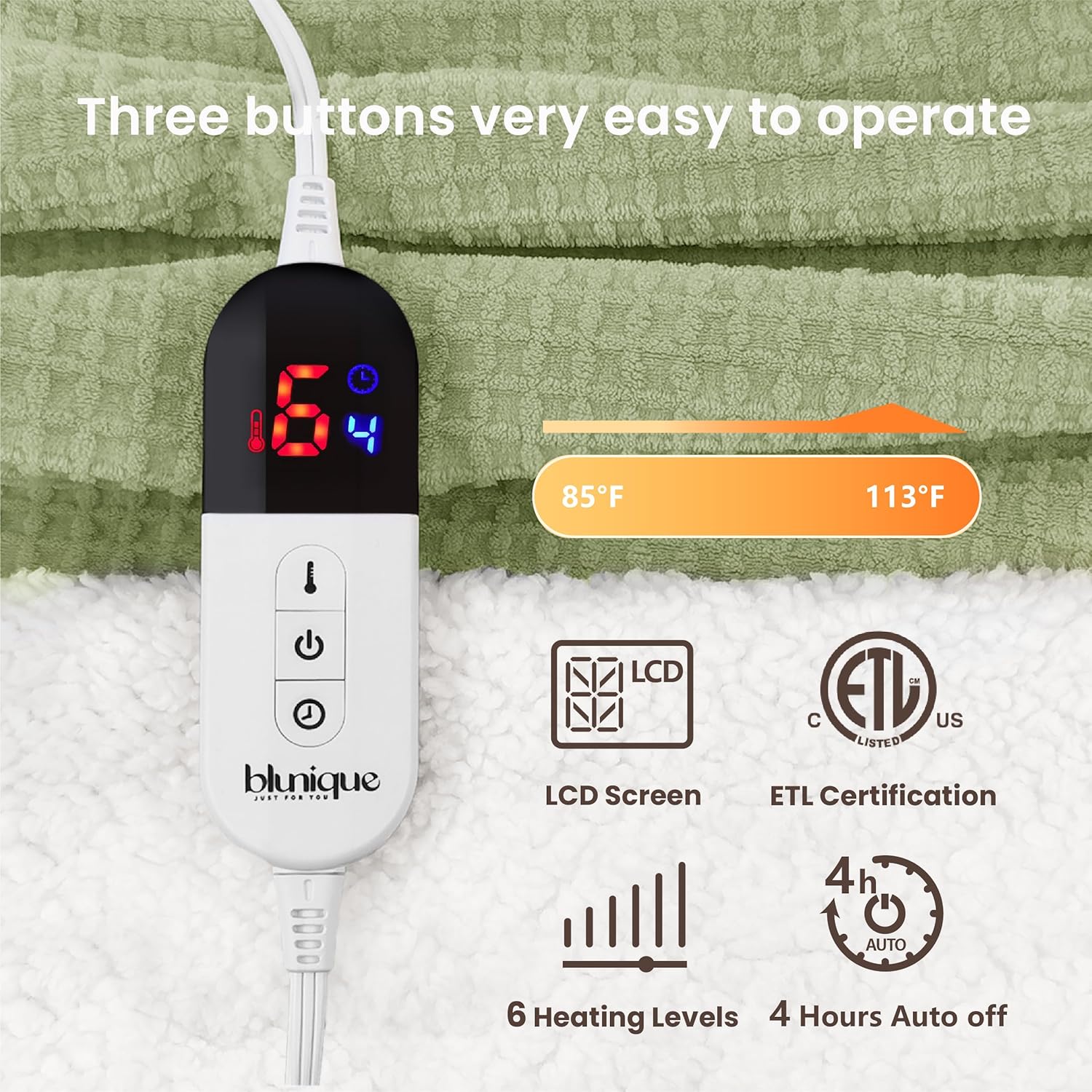 Heated Blanket Electric Throw Waffle, 50x60 Inches Sherpa Fleece Fast Heating Blanket 6 Heating Levels & 4 Hours Auto Off ETL Certification, Sage Throw - Image 5