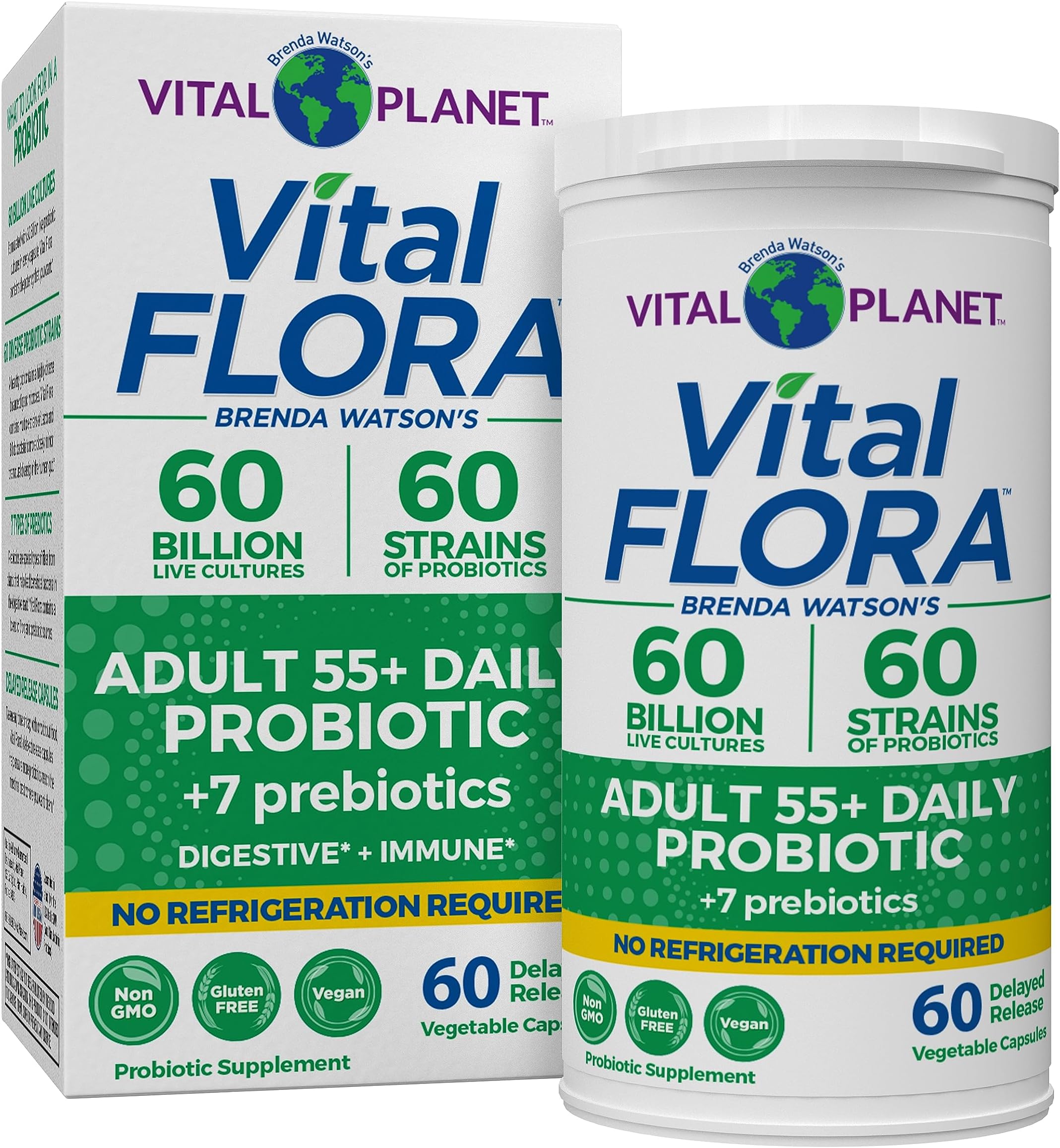 Vital Flora Adults Over 55 Daily Probiotic 60 Billion CFU, Diverse Strains, Organic Prebiotics, Immune and Digestive Health Shelf Stable Probiotics for Women and Men, 60 Capsules