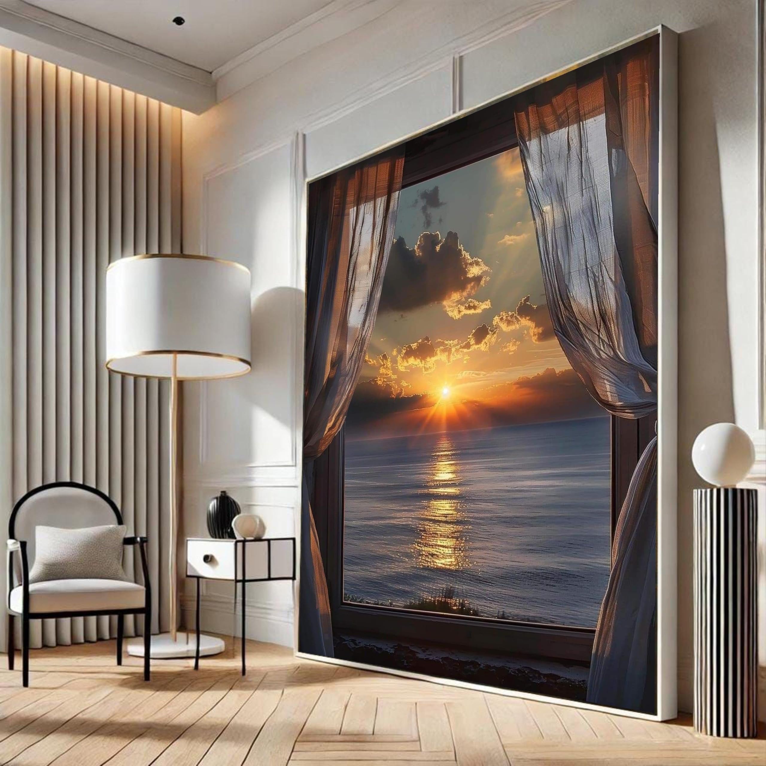 XUEQINART Sunset Ocean View Through Window Canvas, Golden Sun Rays Wall Art, Sea Landscape, Curtains Decor,Coastal Sunset Painting(50x75cm/Frameless)