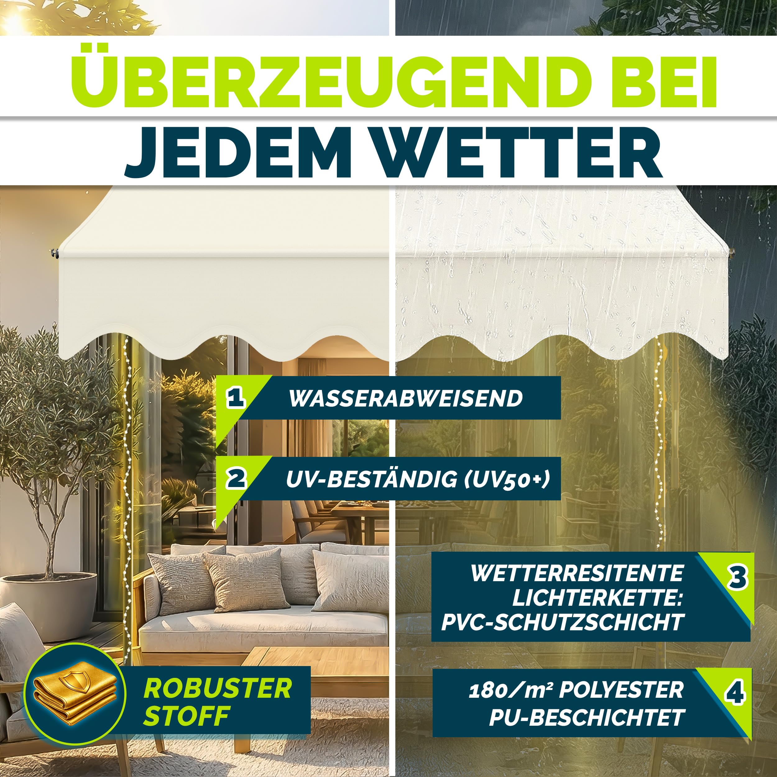 tillvex Klemluifel, 200 cm, zandkleurig, met leds, handslinger, voor balkon, balkonluifel zonder boren, luifel uv-bestendig en in hoogte verstelbaar, zonwering, waterdicht