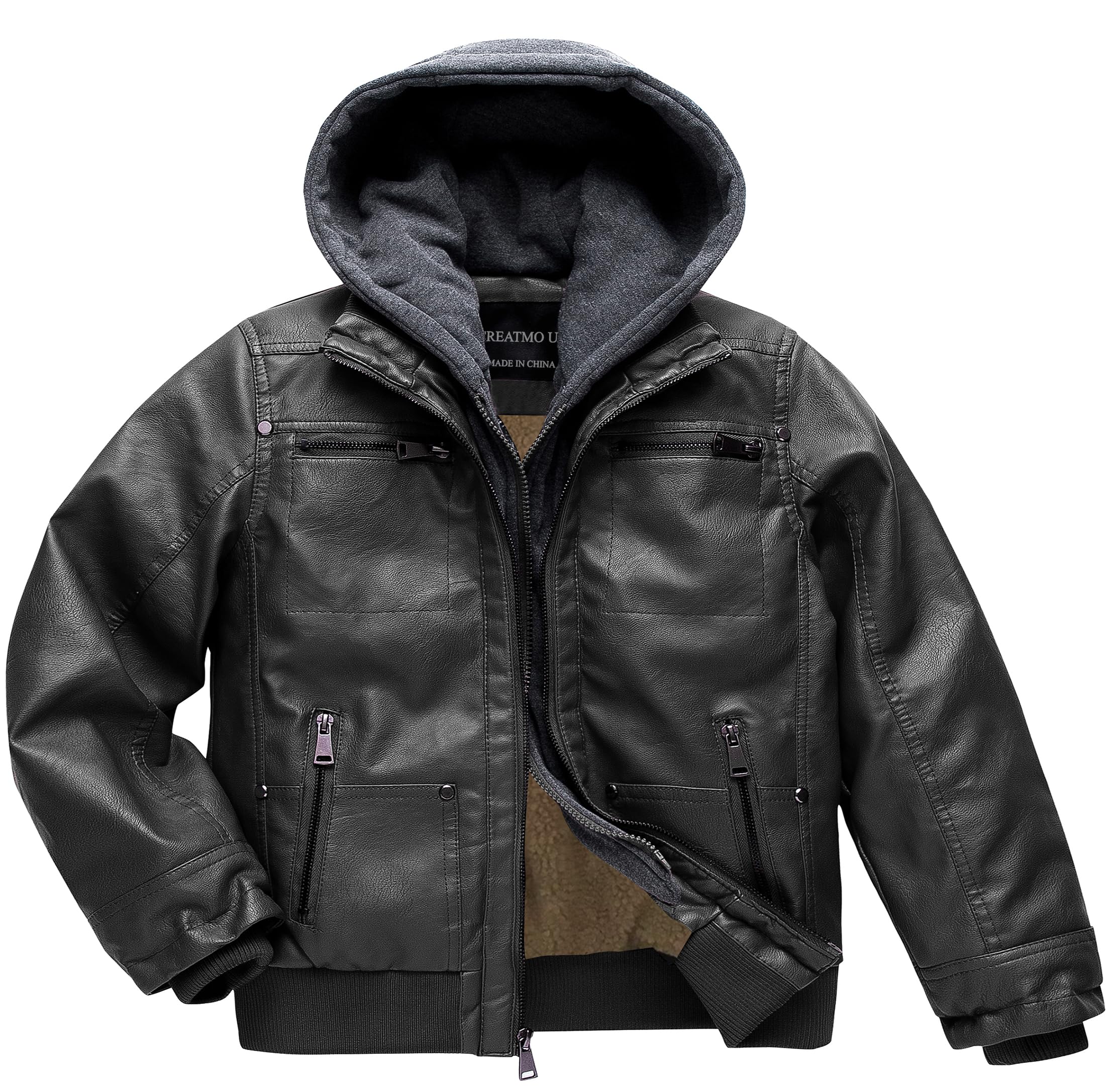 Boy's Faux Leather Jacket Windproof Warm Winter Coat Kids Bomber Outerwear Waterproof PU Motorcycle Jacket