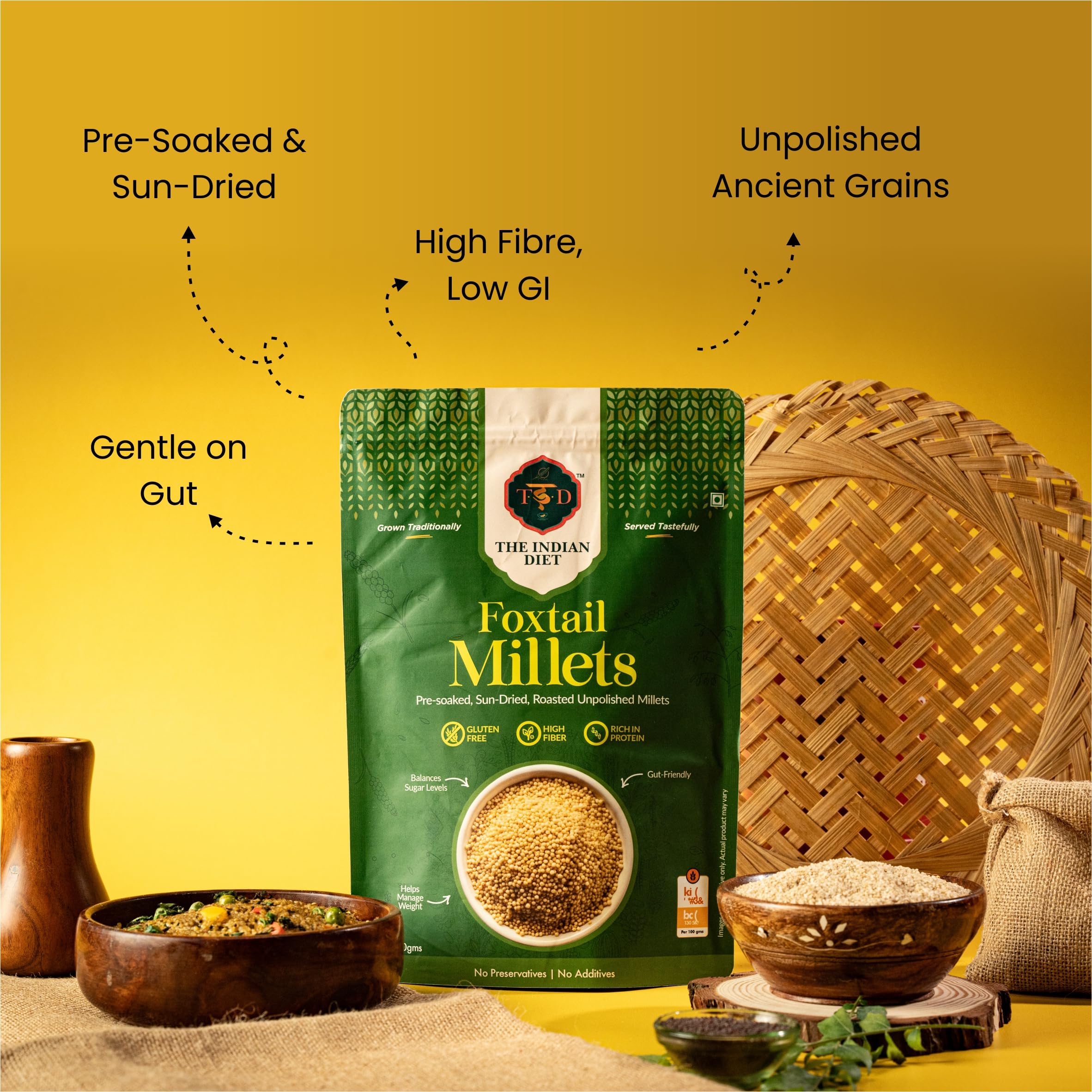 The Indian Diet Pre-Soaked Unpolished Positive Foxtail Millet Grain | Kangni / Kakum /Navani / Korralu/ Korra / Thinai | Gluten Free Natural Rice Substitute | Pack of (2 × 450 g) | High Plant Protein and Fibre | Low GI 3
