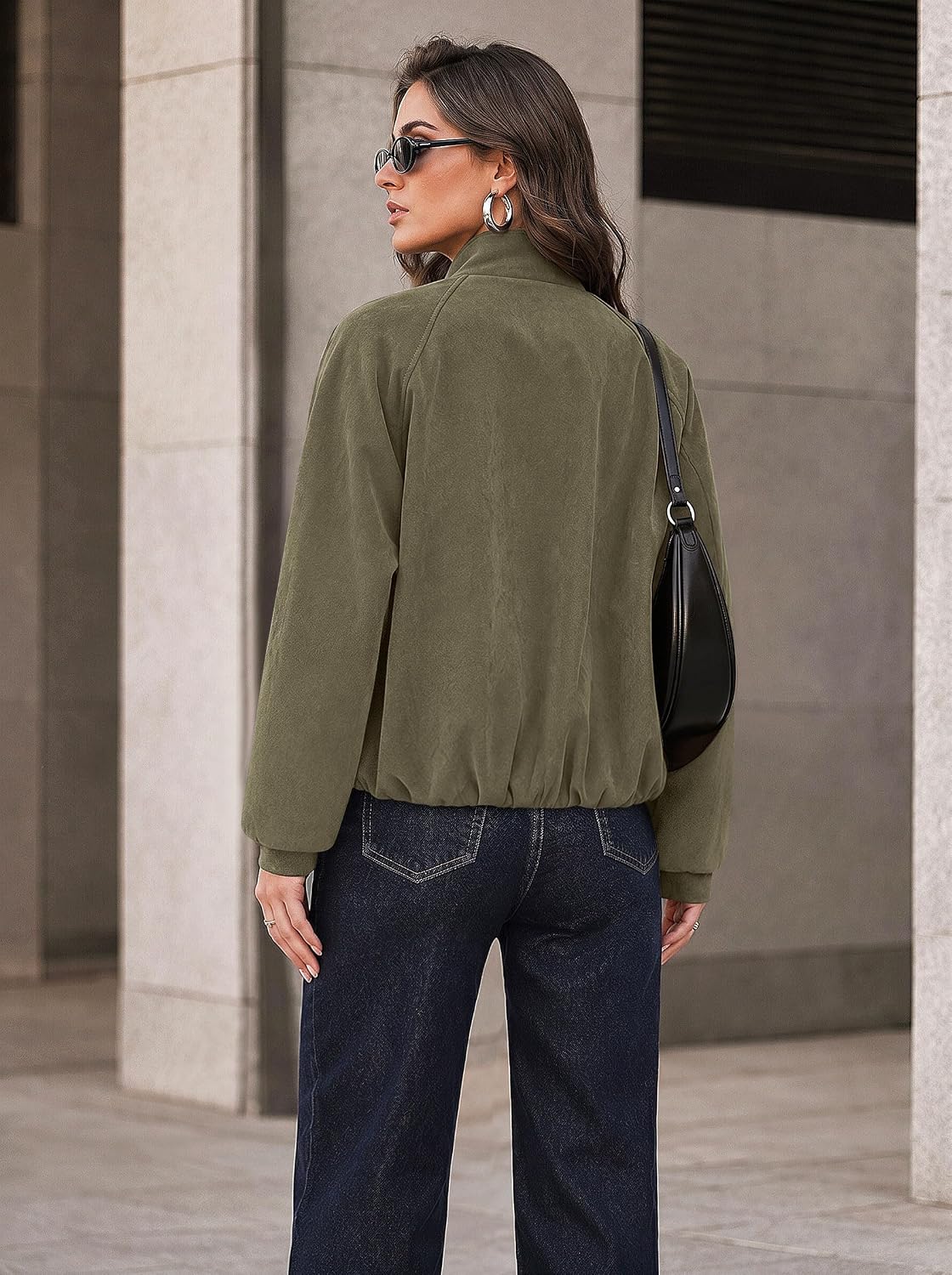 SAUKOLE Women's Faux Suede Bomber Jacket Stand Collar Neck Cropped Shacket image 5