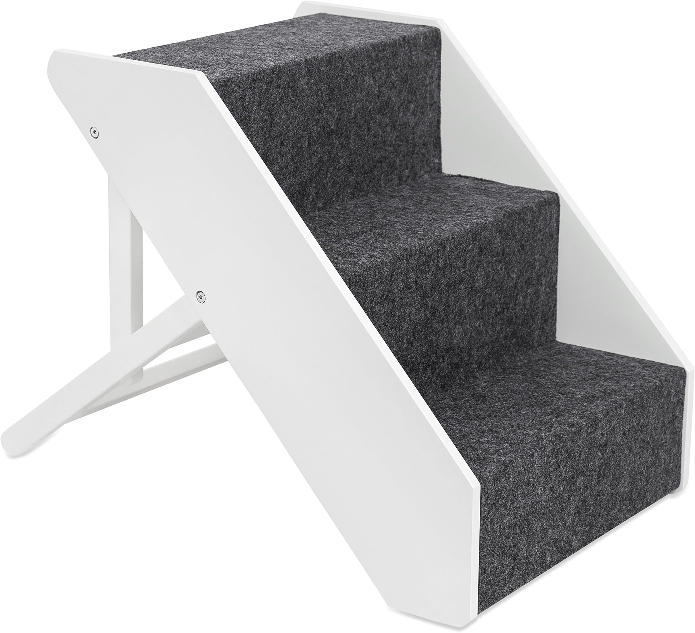 Adjustable Pet Steps - Decorative Wooden Folding Dog Step Ramp for Couch Bed Car - Soft Paw Friendly Carpet - 16-20 Inch - White