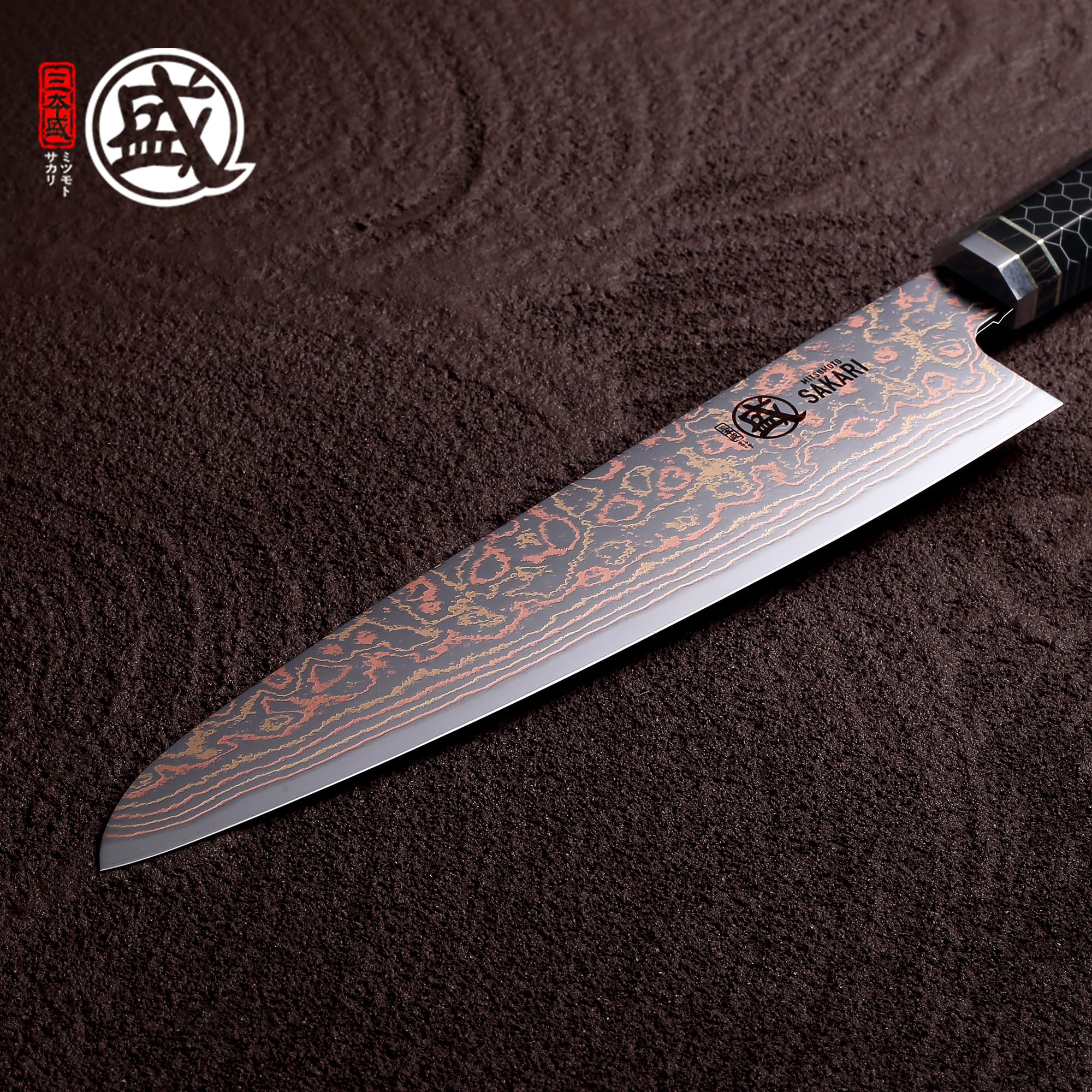 MITSUMOTO SAKARI Nóż Gyuto 21 cm, Nóż Szefa Kuchni z Damasceńskiej Stali | Uniwersalny Nóż Kuchenny, Wysokiej Twardości HRC 60±1, Ręcznie Kutym Rdzeniem Stalowym