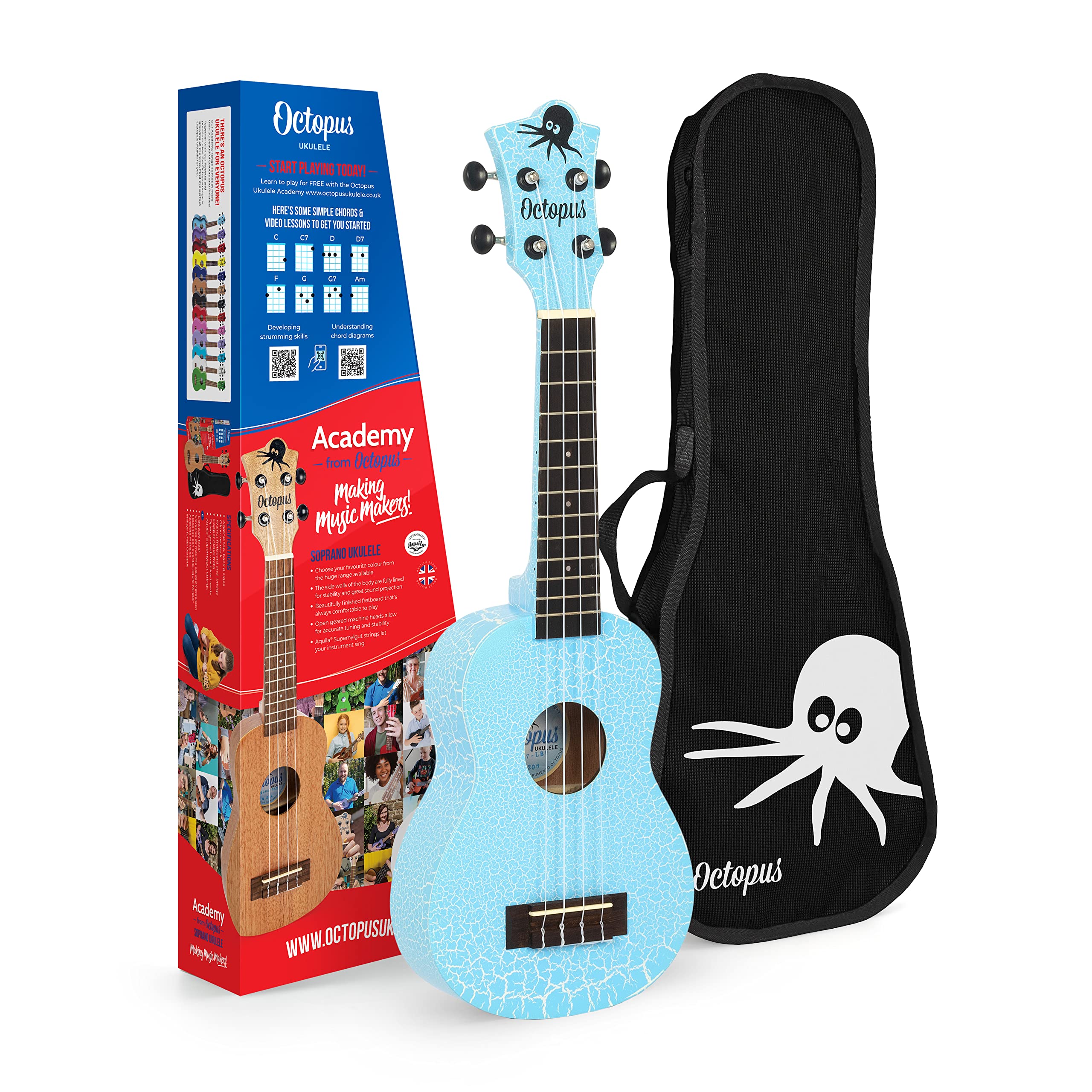 Octopus Crackle soprano ukulele in light blue and white