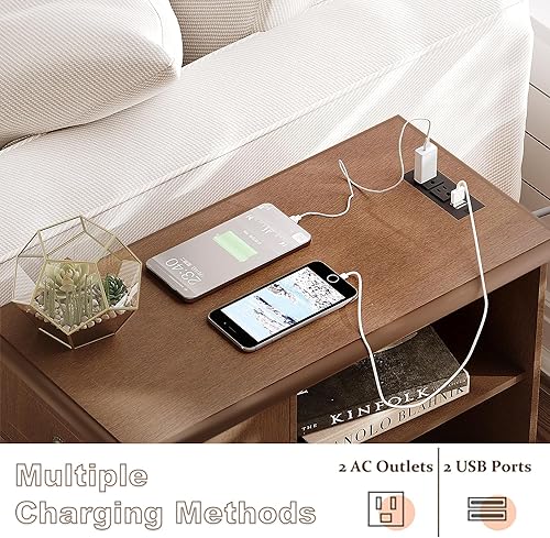 Miniatura 4 de Treocho Mesa auxiliar de granja con estación de carga, mesita de noche estrecha con almacenamiento de exhibición, mesa auxiliar para sofá espresso