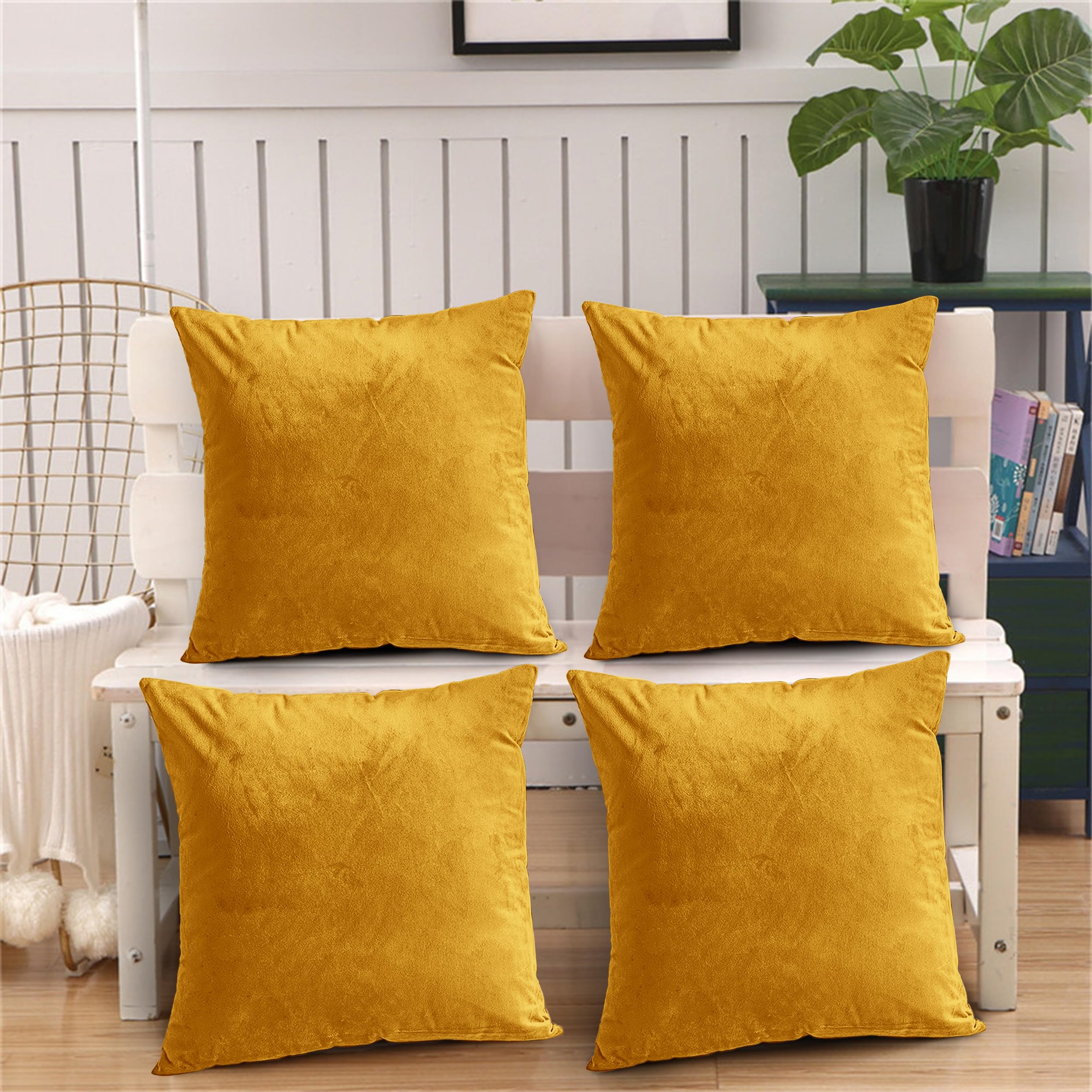 Oxford Homeware Ochre Cushion Covers 45 X 45 Cm (Pack Of 4) Decorative Velvet Cushions Cover For Living Room Sofa Bedroom With Invisible Zipper, 18'' X 18''