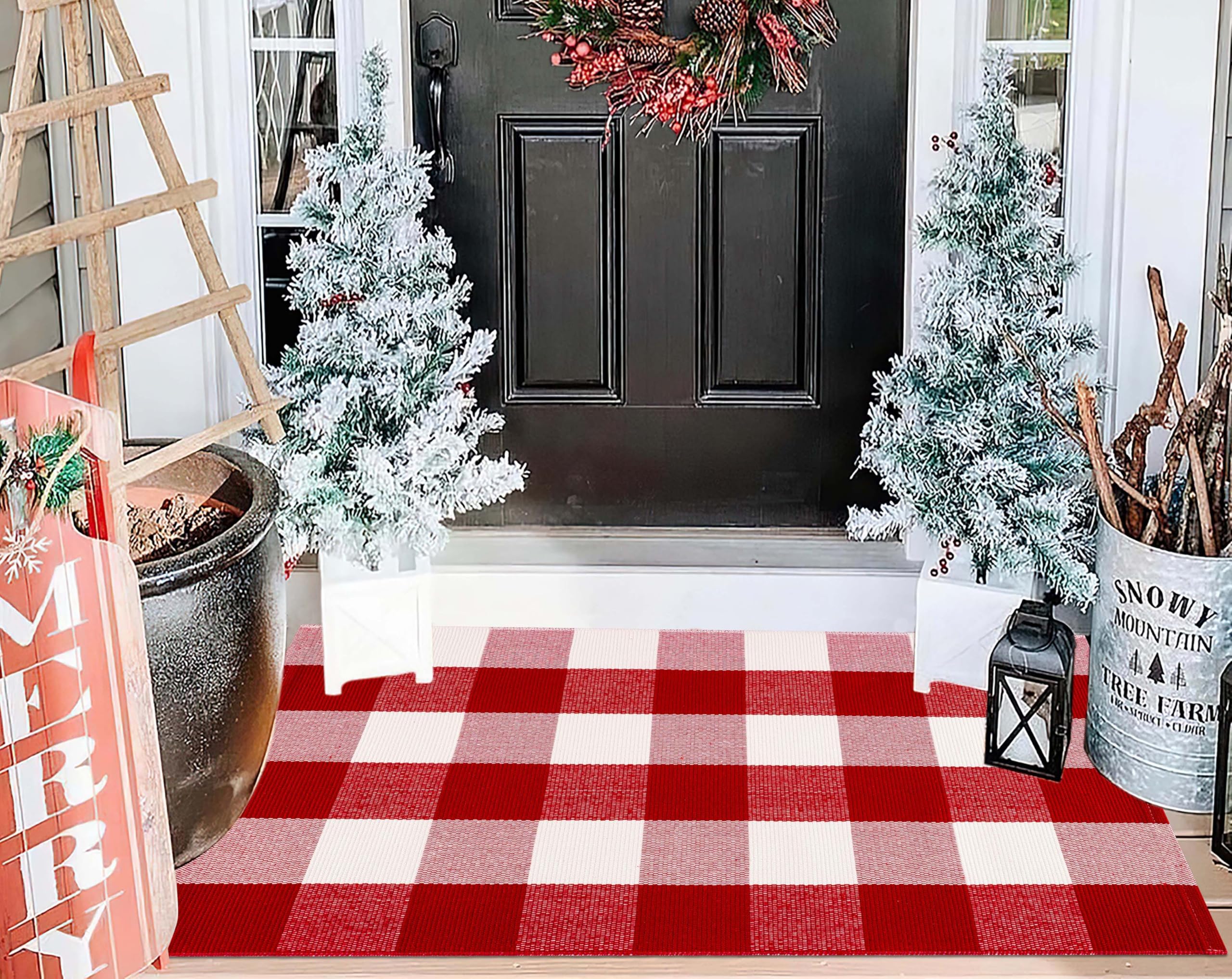 Red and White Front Door Mat 24''X35'' Buffalo Plaid Checked Front Porch Rug Cotton Woven Washable Rug Layering Doormat for Welcome Door Mat Entryway