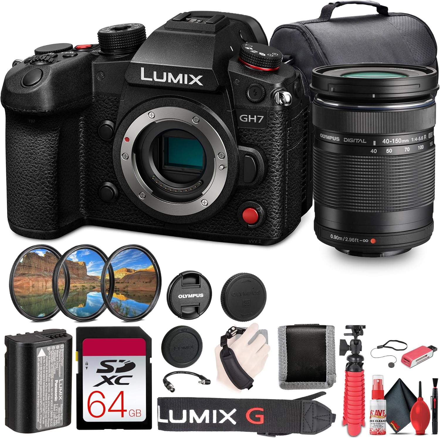 Panasonic Lumix GH7 Mirrorless Camera (DC-GH7BODY) + Olympus 40-150mm f/4-5.6 R Lens + 64GB Card + Photo Editing Software+ Bag + DMW-BLK22 Battery + Card Reader + Charger + More