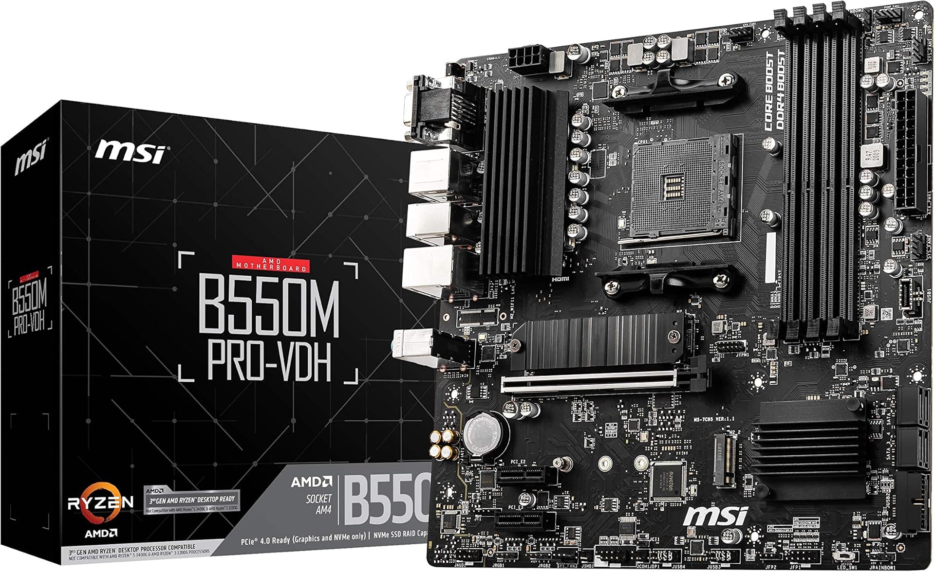 MSI B550M PRO-VDH Motherboard M-ATX - Supports AMD Ryzen 3rd Gen Processors, AM4, DDR4 Boost (4400MHz/OC), 1 x PCIe 4.0/3.0 x16, 1 x M.2 Gen4 x4, 1 x M.2 Gen3 x4, Gigabit LAN
