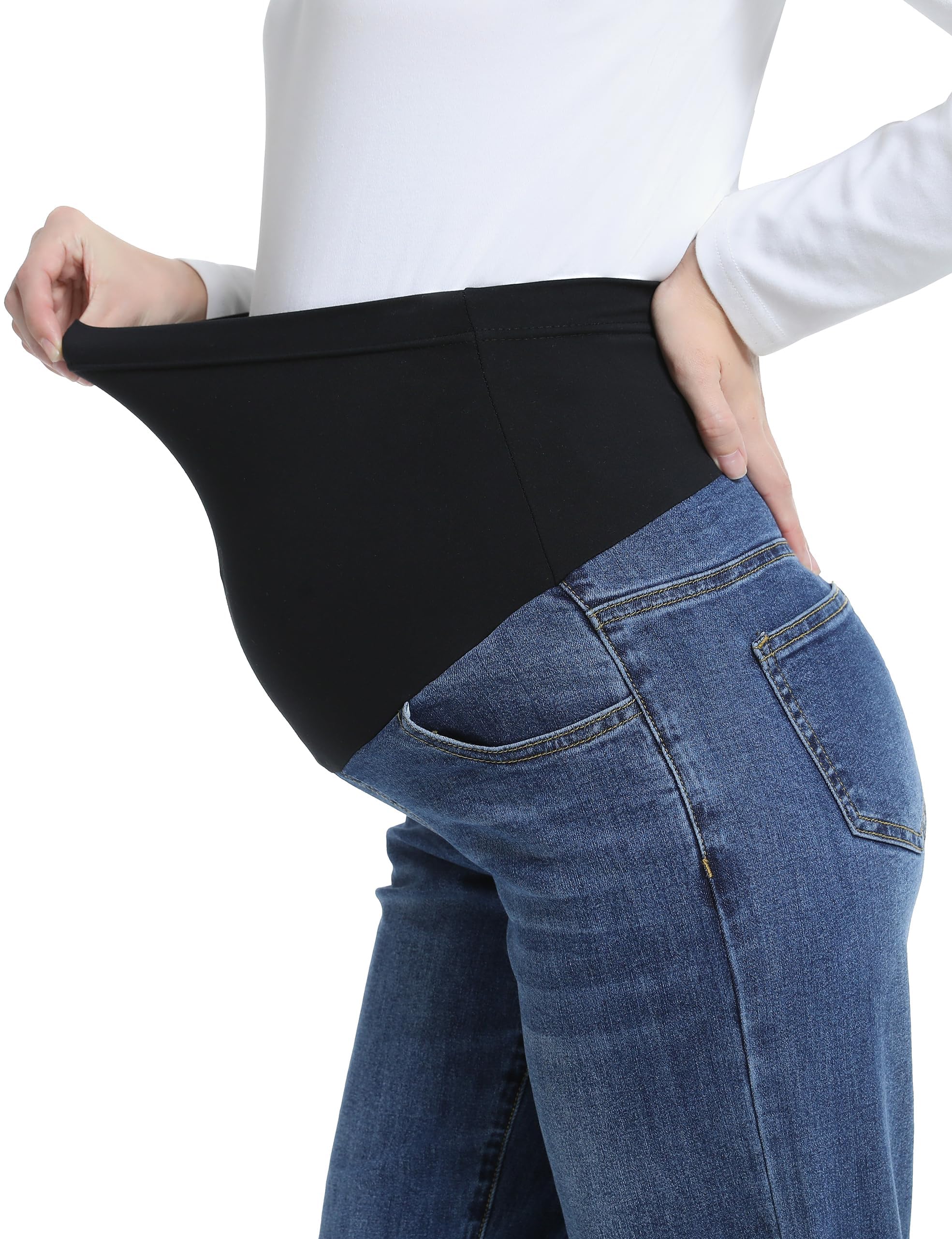 Jeans premaman da donna, sopra la pancia, stile boyfriend, con tasche, in denim