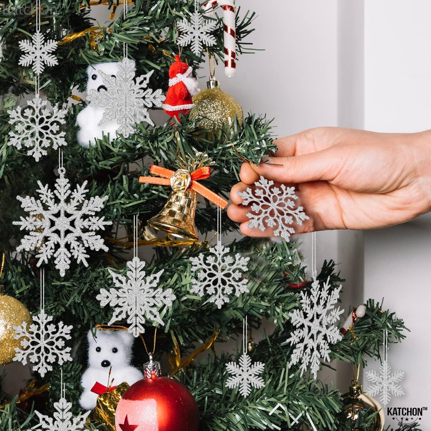 KatchOn, Silver Snowflake Decorations for Christmas Tree - Large, Pack of 36 | Silver Christmas Decorations | Glitter Snowflake Ornaments | Xmas Decor | Winter Party Decorations
