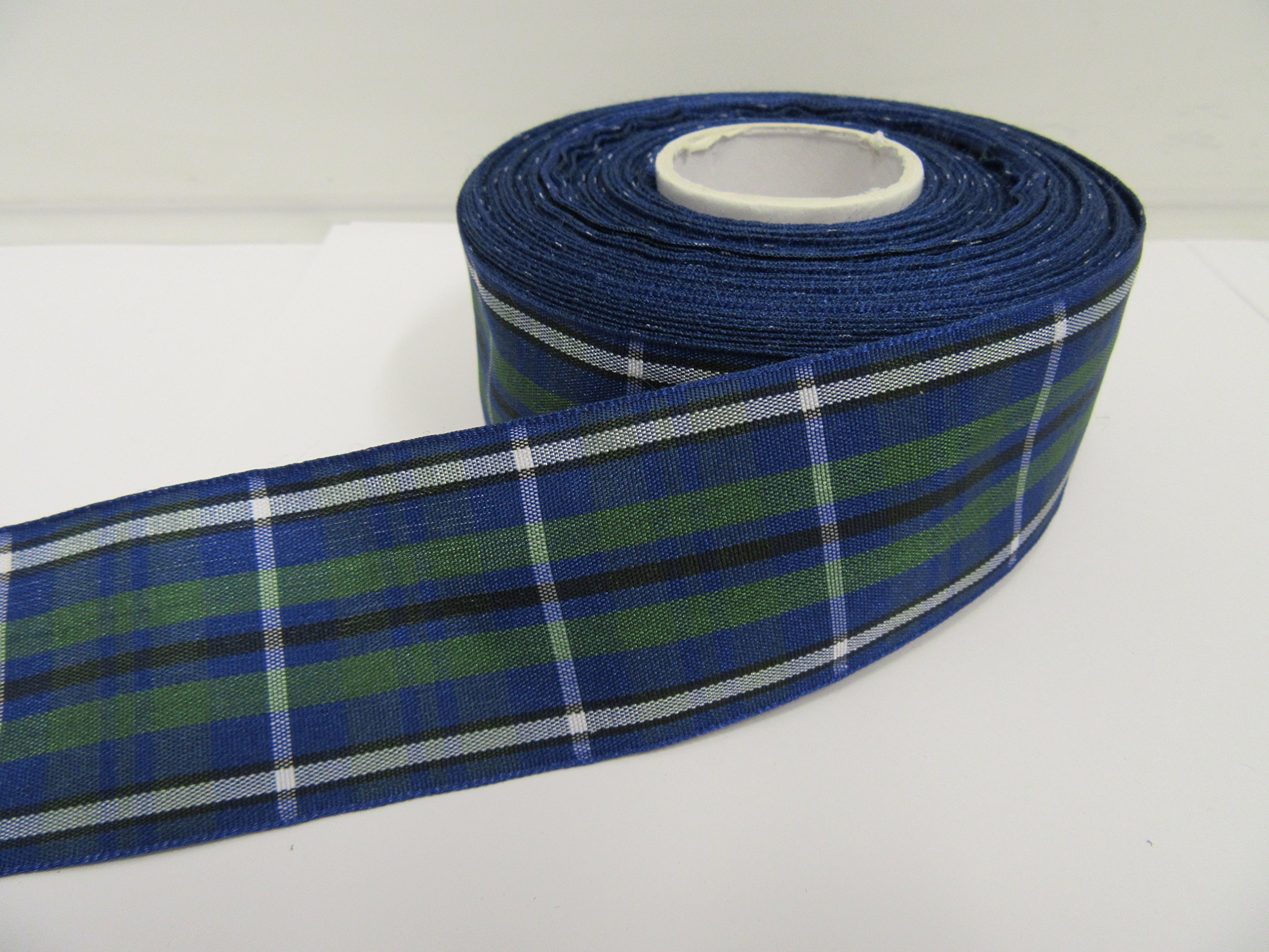 2 metres (Cut from Reel) x 38mm Tartan Ribbon Blue & Green with White Stripe Double Sided 38 mm 3.8cm 1.5" 1.5 Inch Louisiana