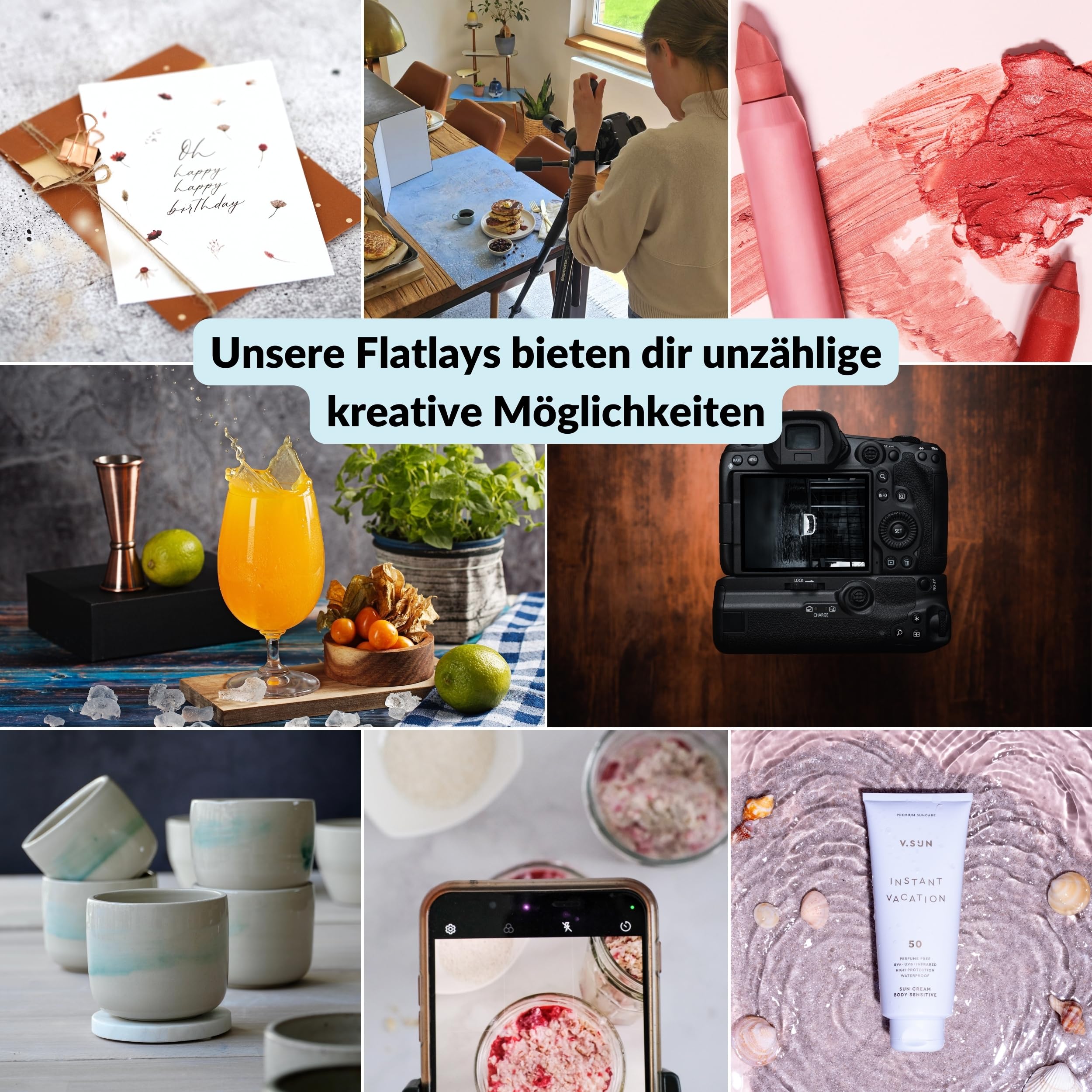Lens-Aid Flatlay Hintergrund 5er Set Holzoptik, Fotohintergrund 84 x 60 cm | 10 Motive, beidseitig bedruckt, abwischbar, seidenmattes Finish, Made in Germany