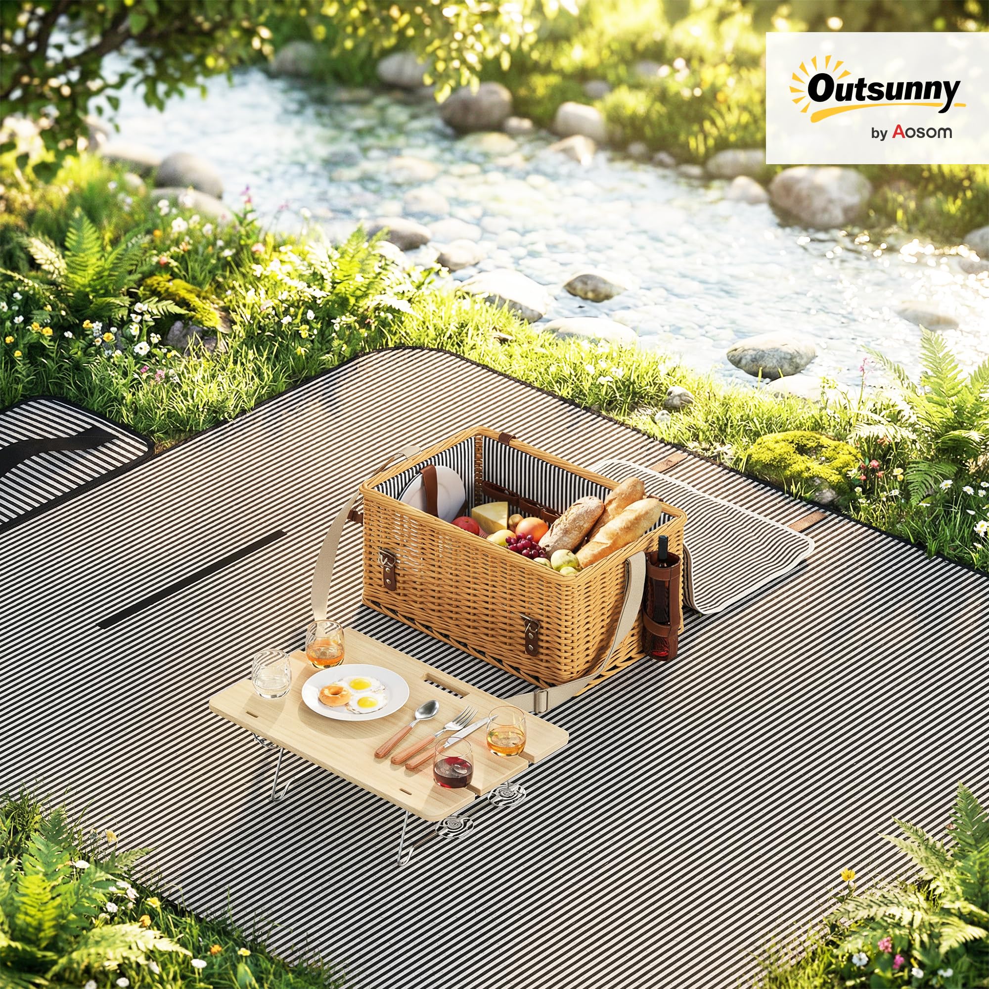 Outsunny Cestino da Picnic in Vimini per 4 Persone con Tavolino, Cesto Picnic con 4 Piatti, 12 Posate, 4 Bicchieri, Coperta e Cavatappi, 51x33x25 cm, Marrone Chiaro