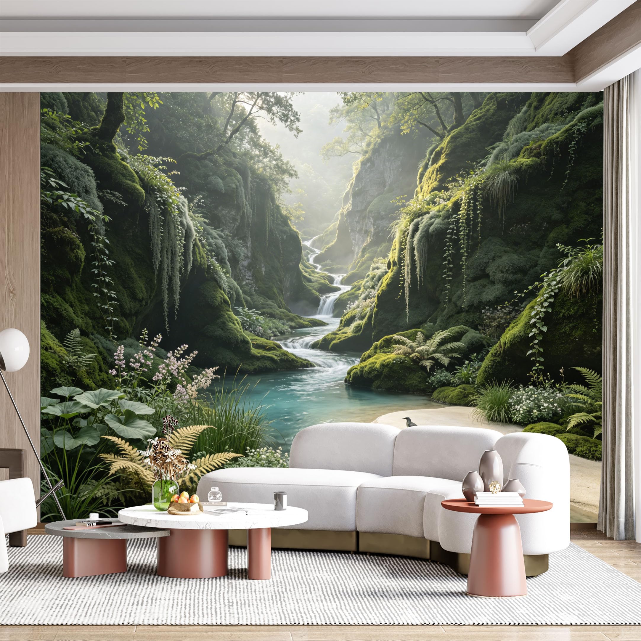 Custom Size Wall Mural Lush Forest Waterfall Tropical Nature Landscape Serene River Flowing Watercolor Painting SelfAdhesive Wall Fabric Removable for Home Office Decor