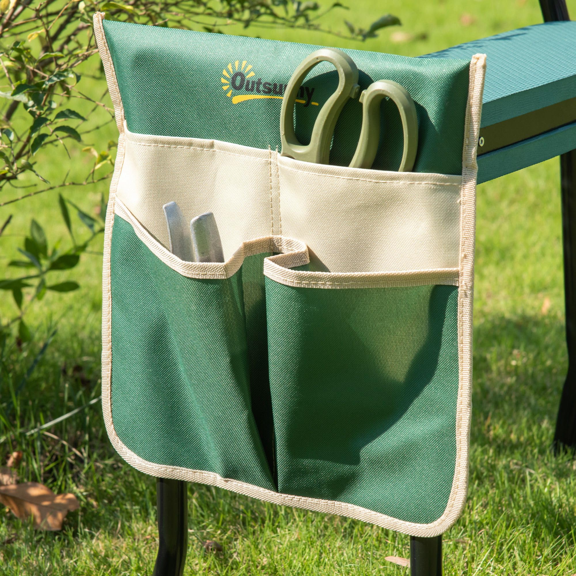 Outsunny Taburete de Jardín Plegable con Bolsa para Herramientas Protección Cojín Rodillas Asiento de Jardín con Almohadilla Altura Ajustable Soporta un máximo 150kg Color Verde Negro