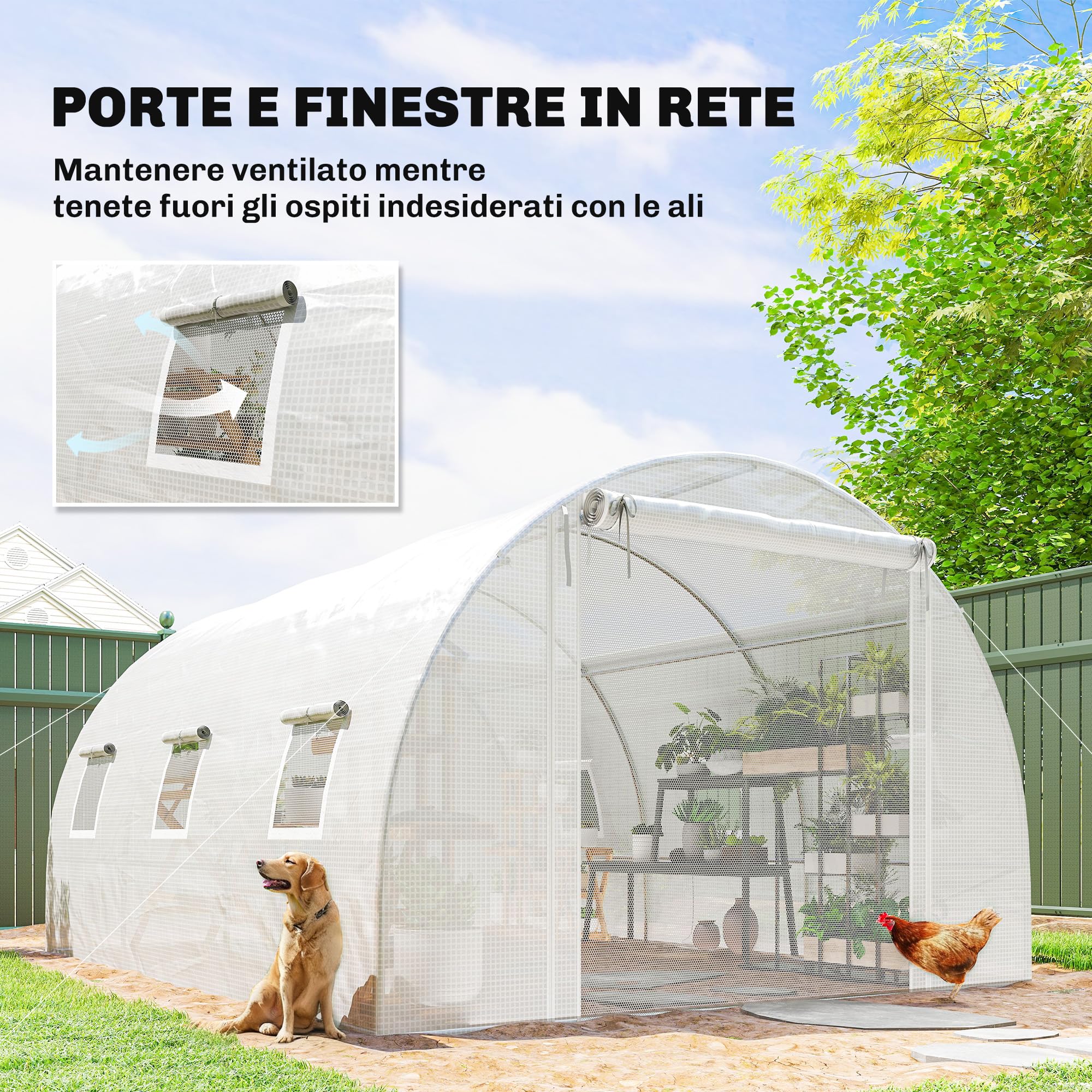 Invernadero Outsunny invernadero de película aprox. 3x4x2m invernadero para tomates con 6 ventanas y puerta naturales enrollables, tubo de acero, película de PE de 140g/m², túnel de película estable