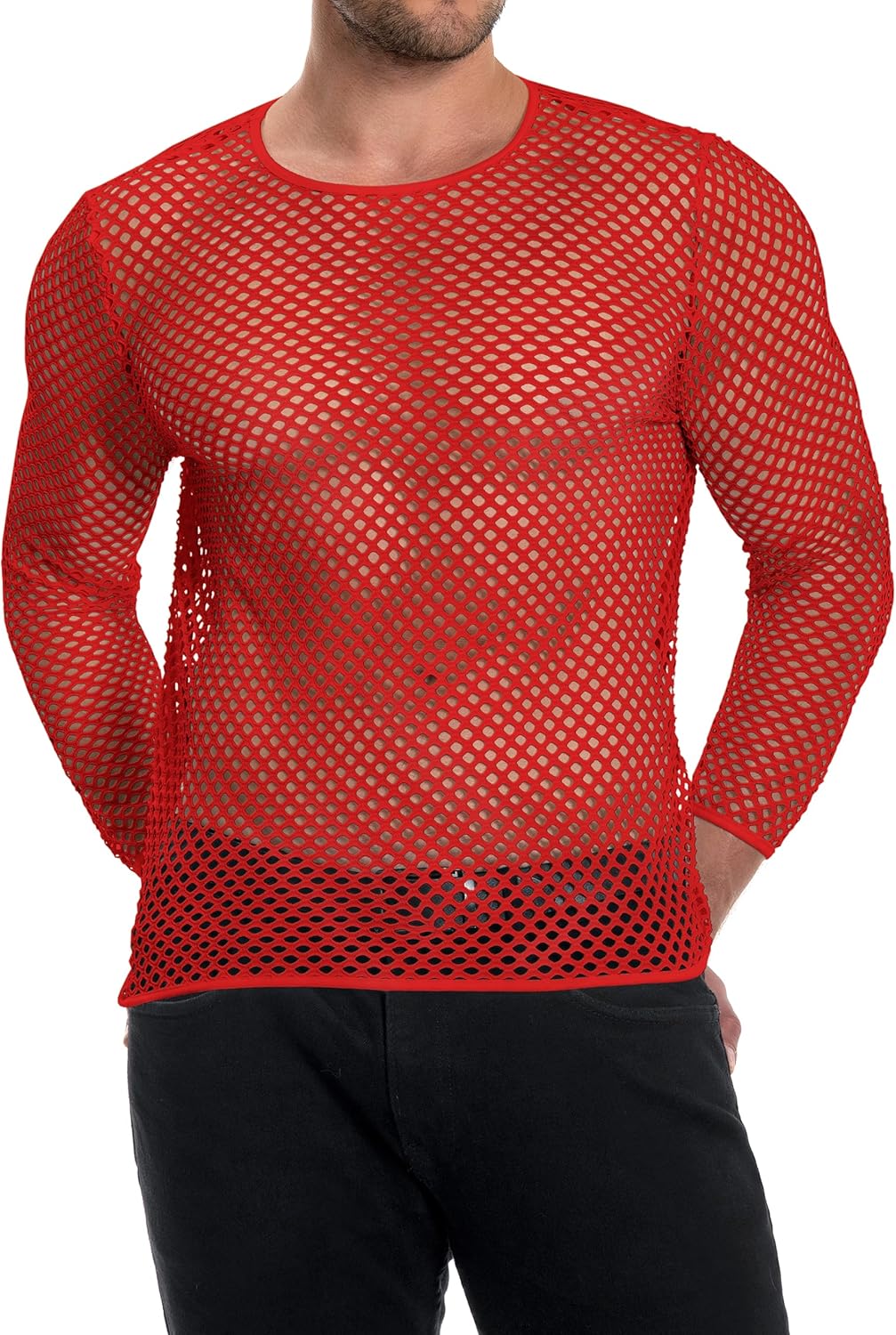 Men's Mesh Fishnet Top Long Sleeve Sheer See Through T Shirt Fitted Muscle Blouse Clubwear - Image 3