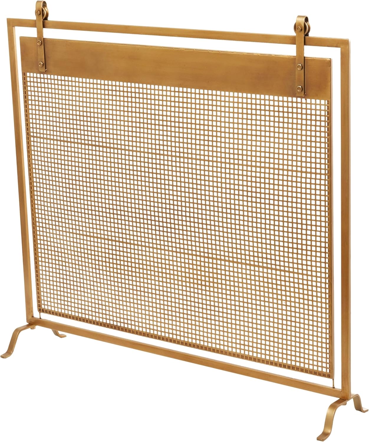 Copper Metal Suspended Grid Style Netting Single Panel Fireplace Screen with Bolted Detailing Brown Iron