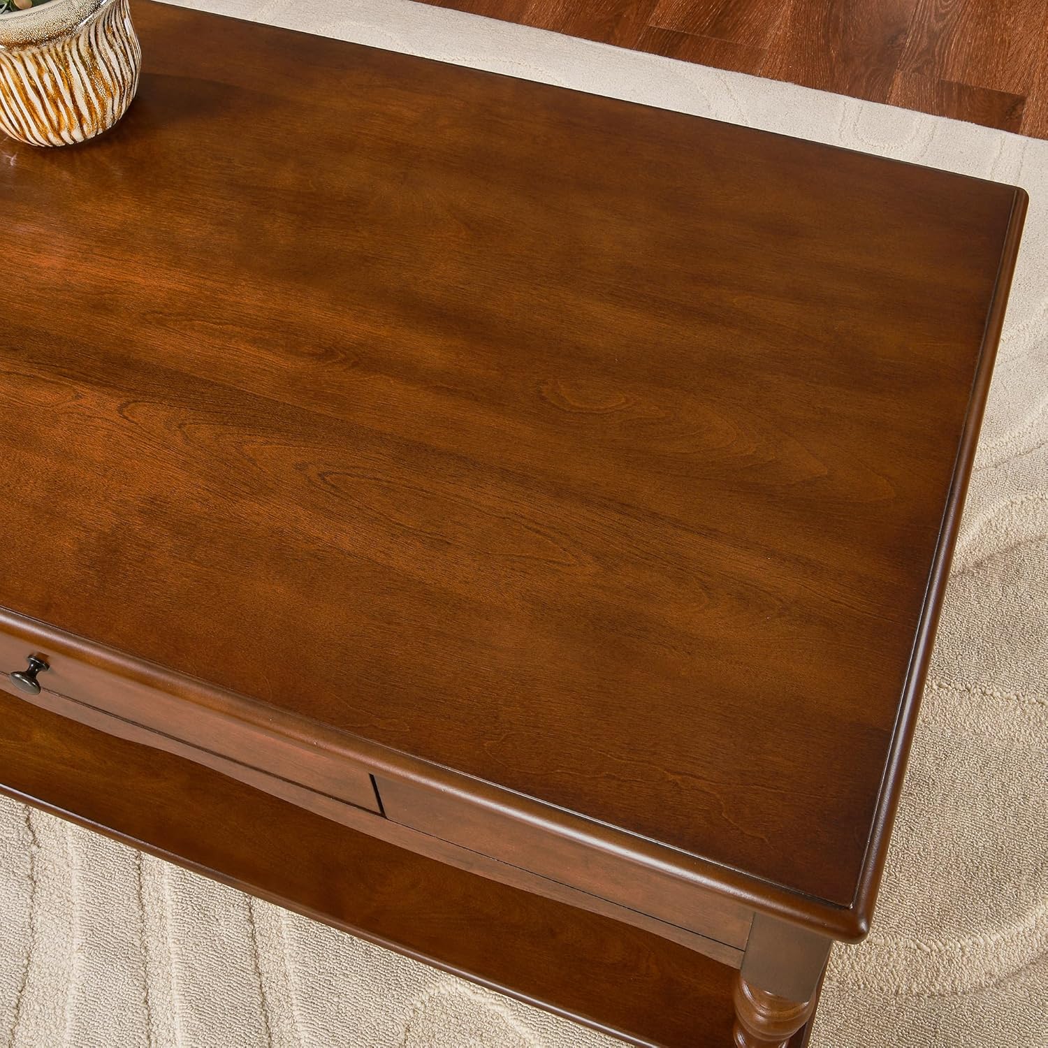 Rustic Coffee Table with 2 Storage Drawers and Shelf, 43.3" Rectangle Farmhouse Center Tea Table with Solid Wood Carved Legs,Classic Living Room Table, No-Tools Assembly Caramel Brown KFZ-C008-DR