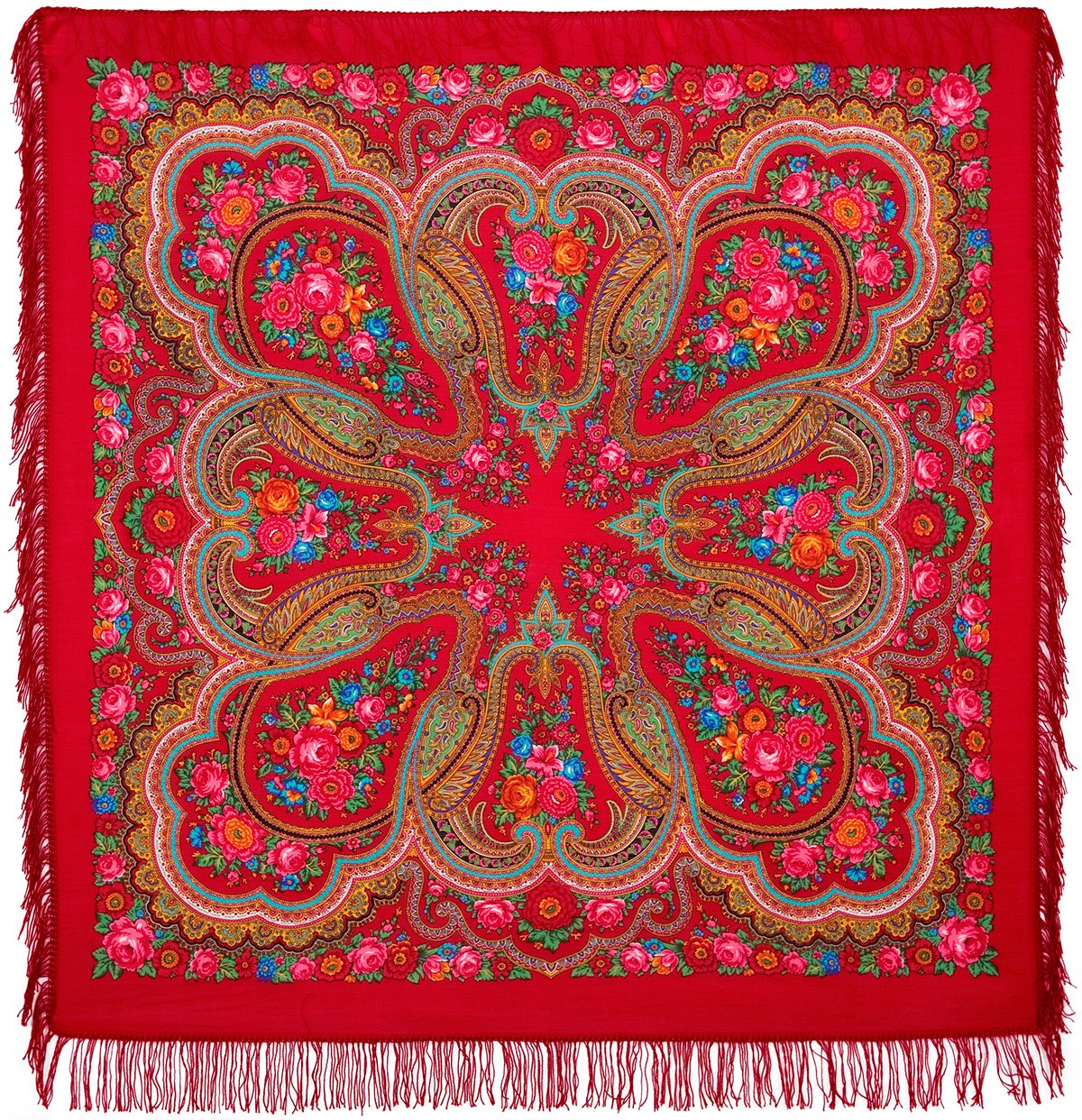 Lovely Authentic Russian Pavlovo Posad Scarf Shawl Folk 100% Wool with wool fringes 146cm x 146cm, Red, 146cm x 146cm