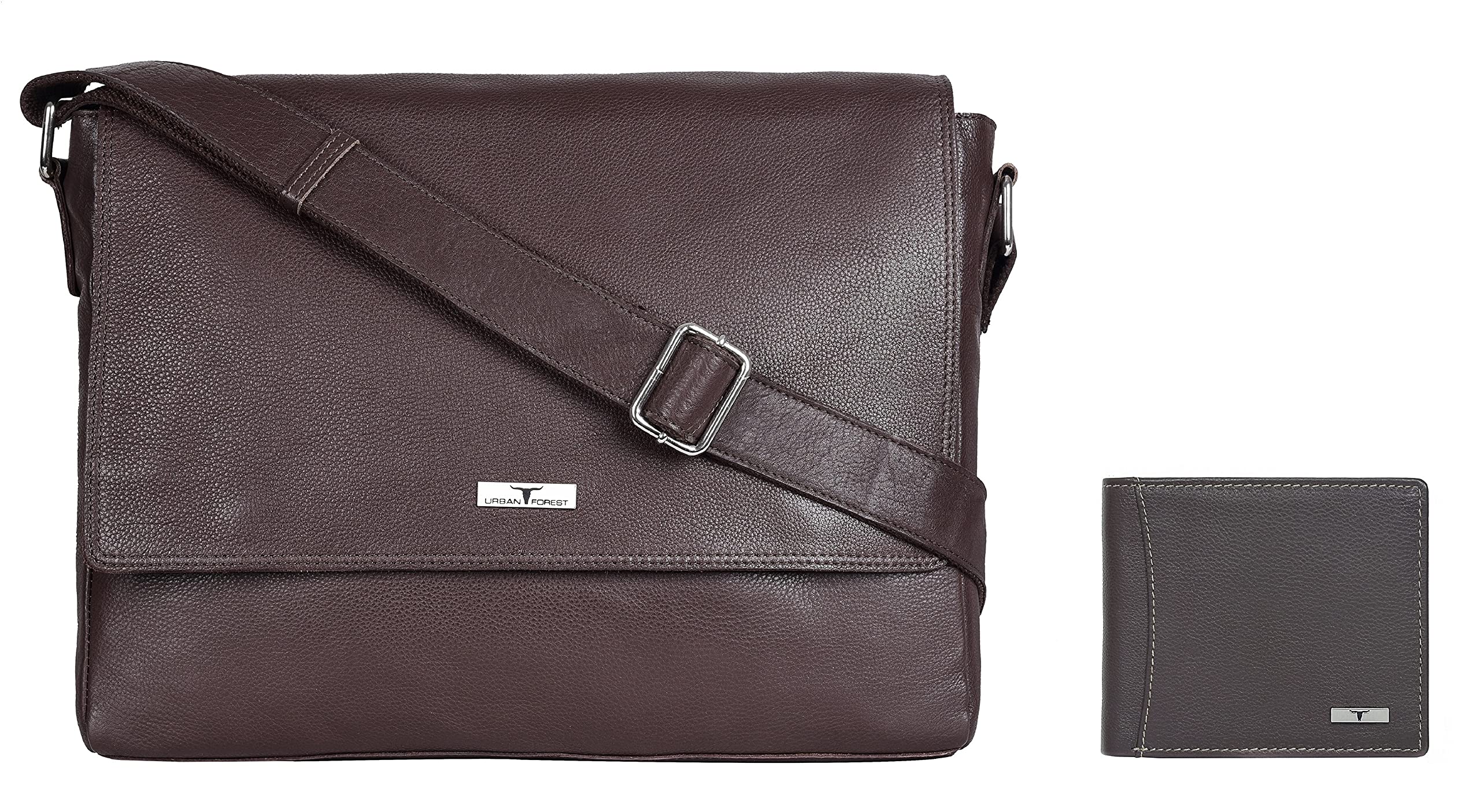 URBAN FOREST Chocolate Brown Leather Messenger Bag & Dark Brown Leather Wallet for Men