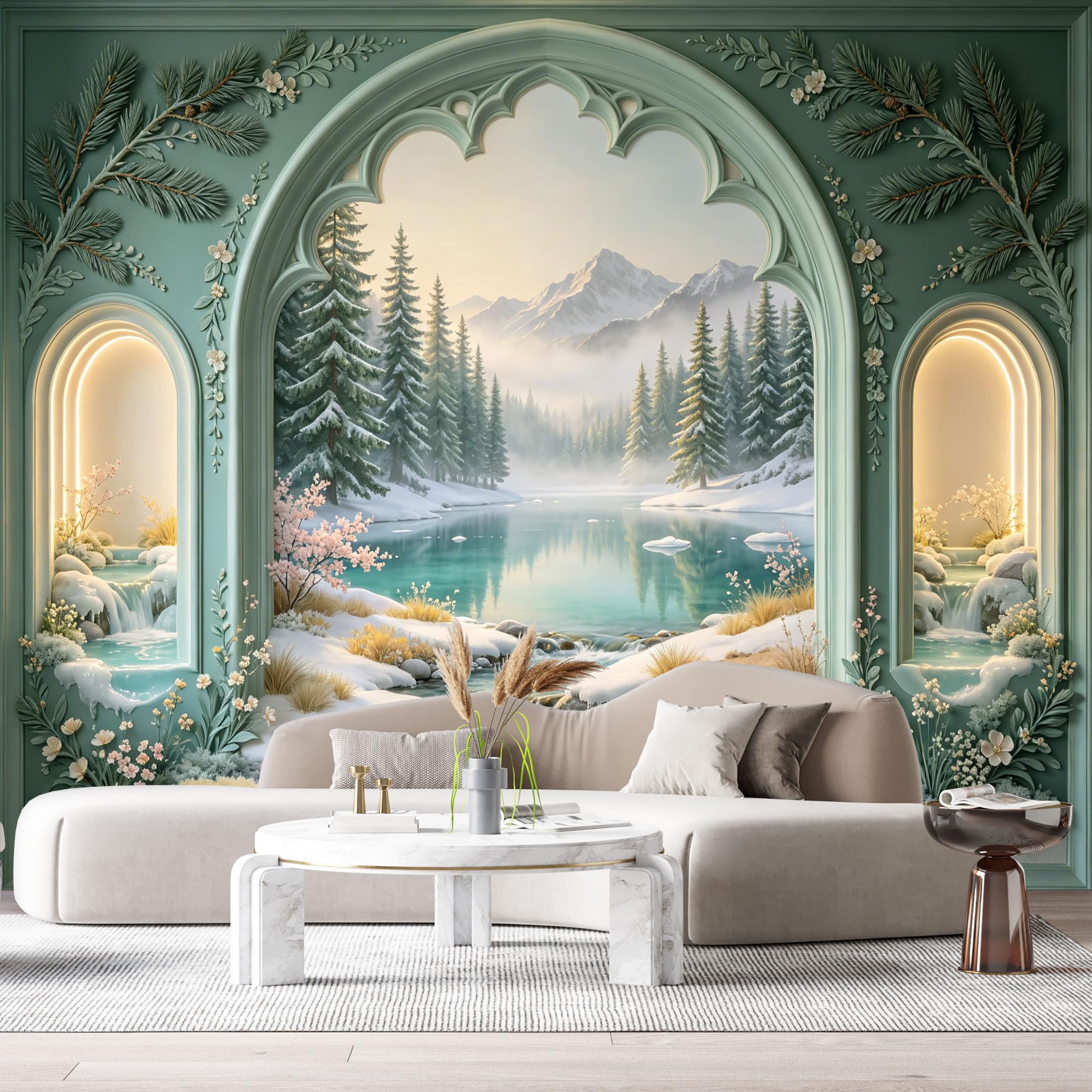 Custom Size Wall Murals Snow Mountain Lake Winter Forest Landscape 3D Trompe L'Oeil SelfAdhesiveWall Fabric Removable Wallpaper Wall Decor for Living Room Bedroom Bathroom