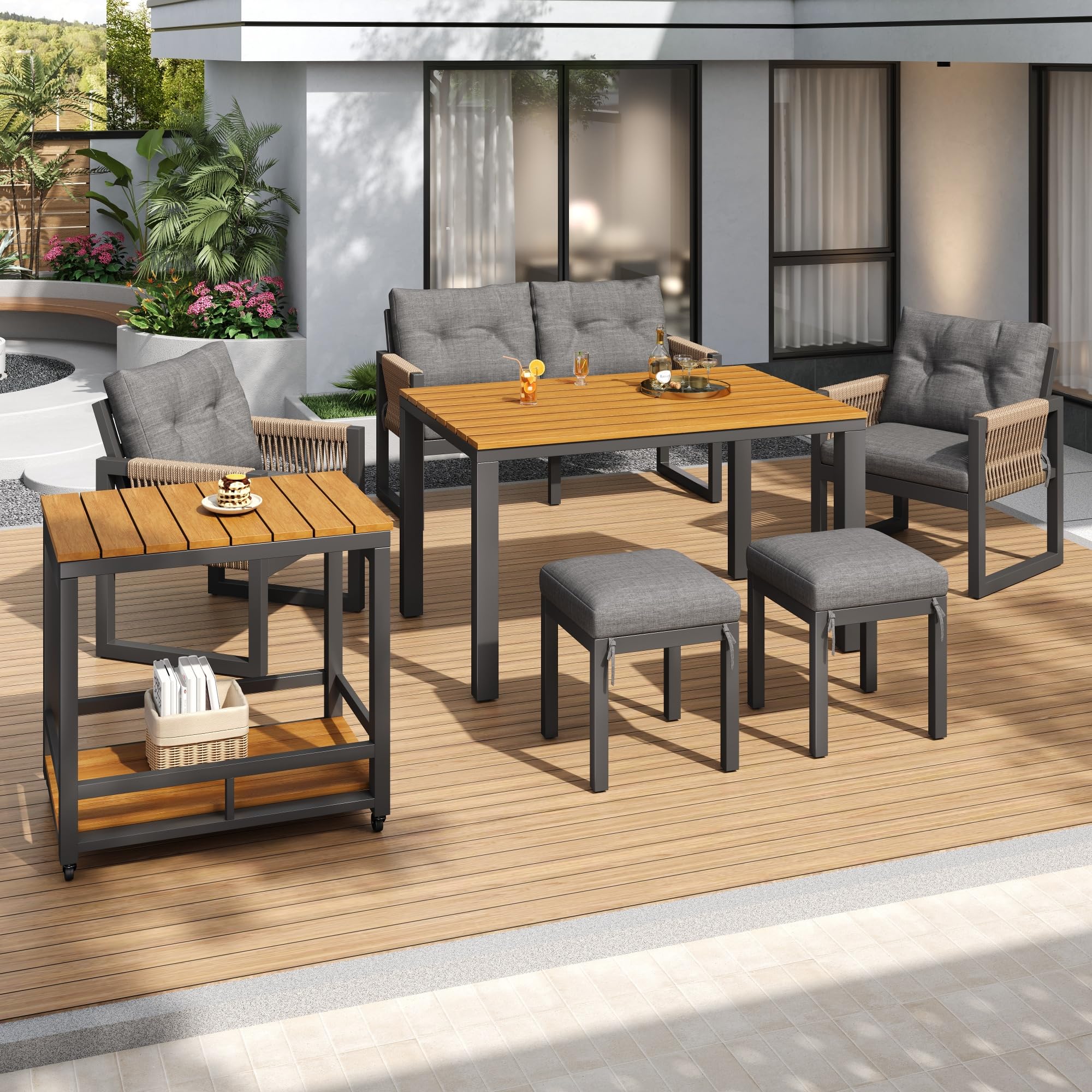 Conjunto Jardin Exterior 7 Piezas, Muebles Jardin Exterior con Sofá de 2 Plazas, 2 Sillones, 2 Taburetes y 1 Mesa Desmontable, Mesa y Sillas Terraza Exterior para 6 Personas, Gris+Natural