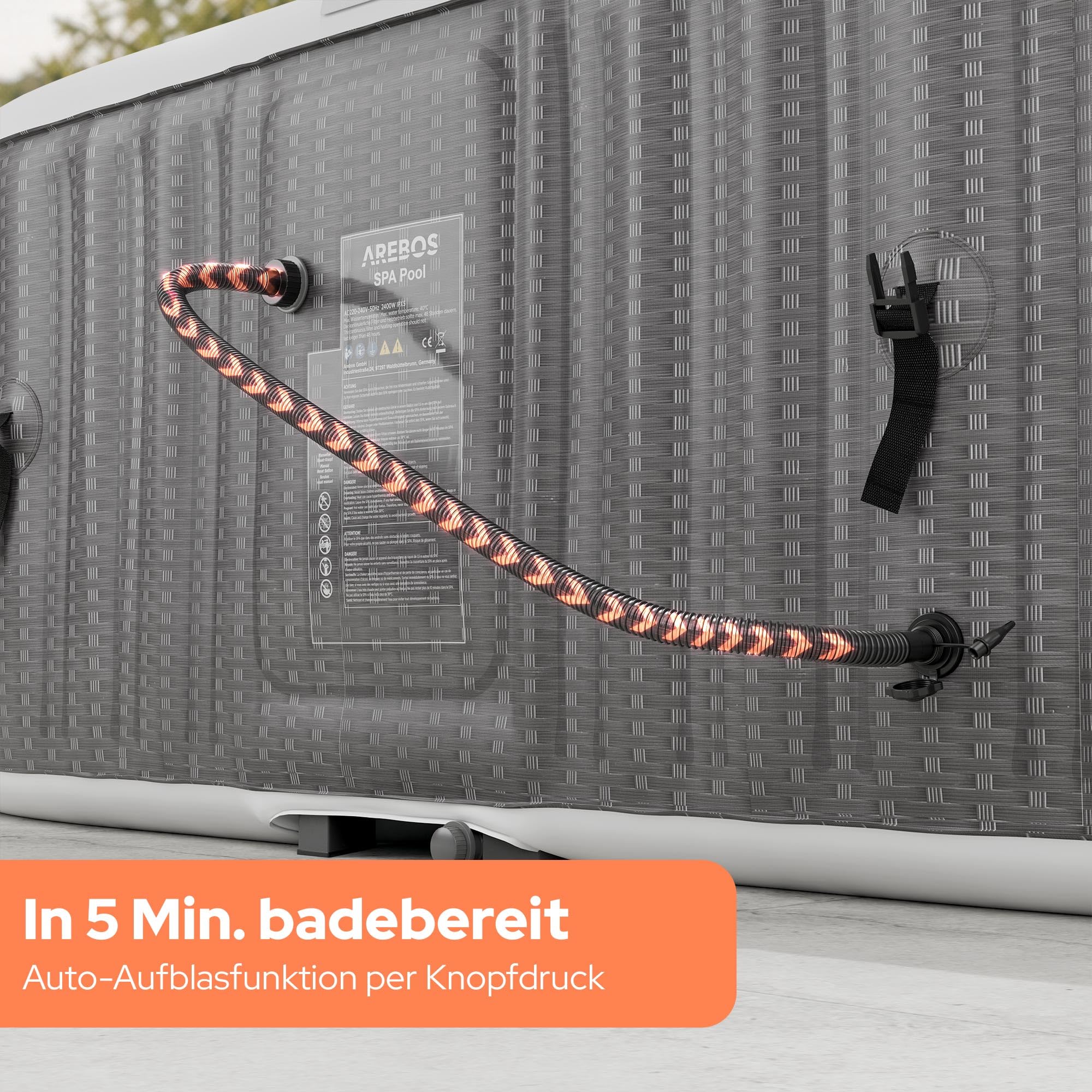Arebos Spa Whirlpool 2400W | In-Outdoor Pool | für 6 Personen 185x185cm | 130 Massagedüsen, 910 L mit Heizung, Aufblasfunktion per Knopfdruck, inkl. Abdeckung, Bubble Spa & Wellness Massage