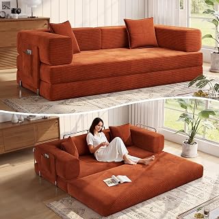 MoonSpeak 78.8" 5-in-1 Modular Sleeper Sofa Bed - No Assembly Corduroy Couch with Storage & Armrests, Orange