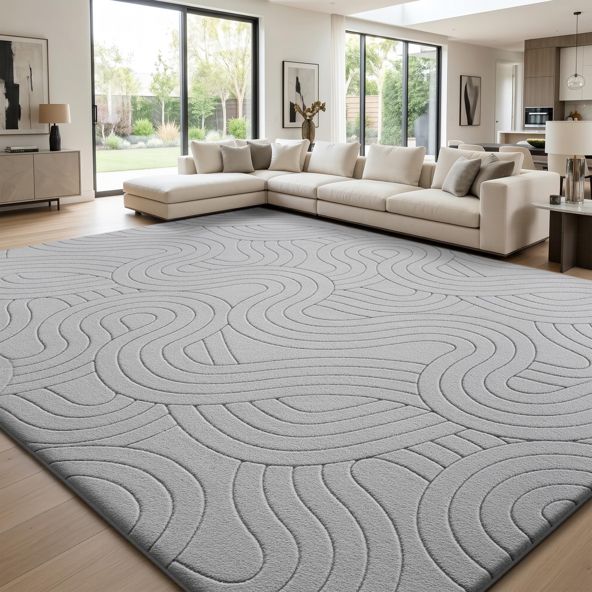 Sour Lemon Rugs Living Room Bedroom 240 x 300 cm, Grey Large Modern Wave Area Rug Soft 3D High-Low Pile Carpet， Anti Slip Machine Washable Short Pile Mat Rug for Kids Room Office Decor