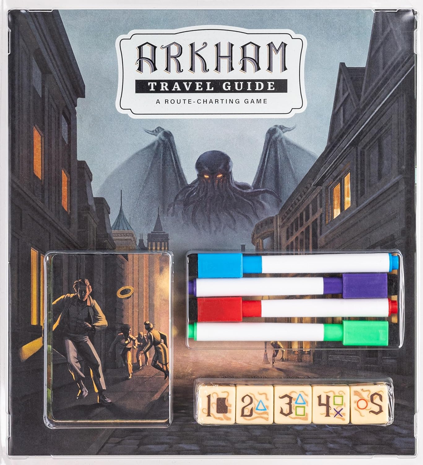 Arkham Travel Guide | 1-4 Players | Ages 14 and up | Roll and Write | Tourism | Route Building | Lovecraft | Average Playtime 30 min