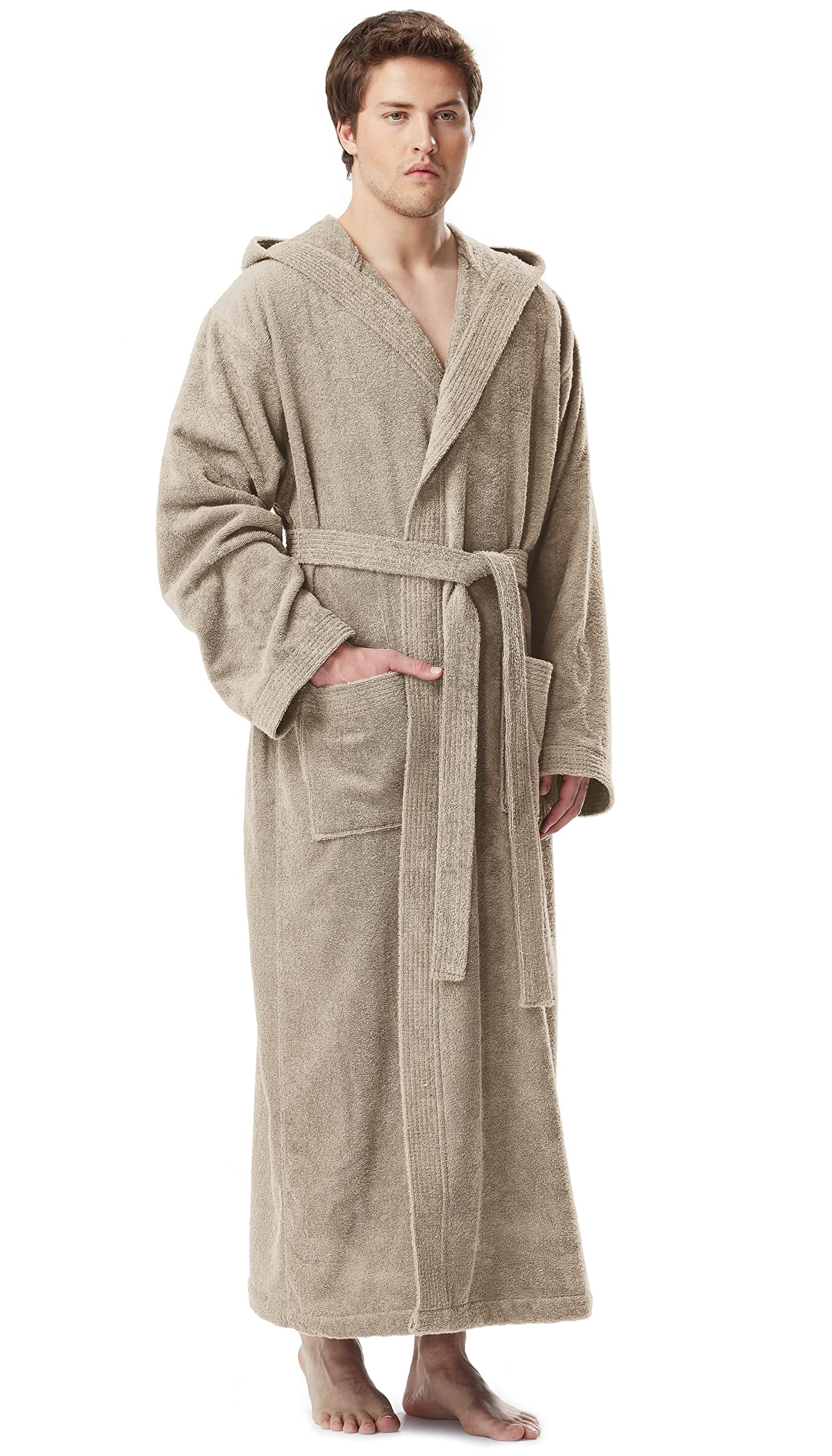 Albornoz con capucha para hombre, longitud larga, 100% tela de rizo de algodón, Azul Real, XXL-3XL