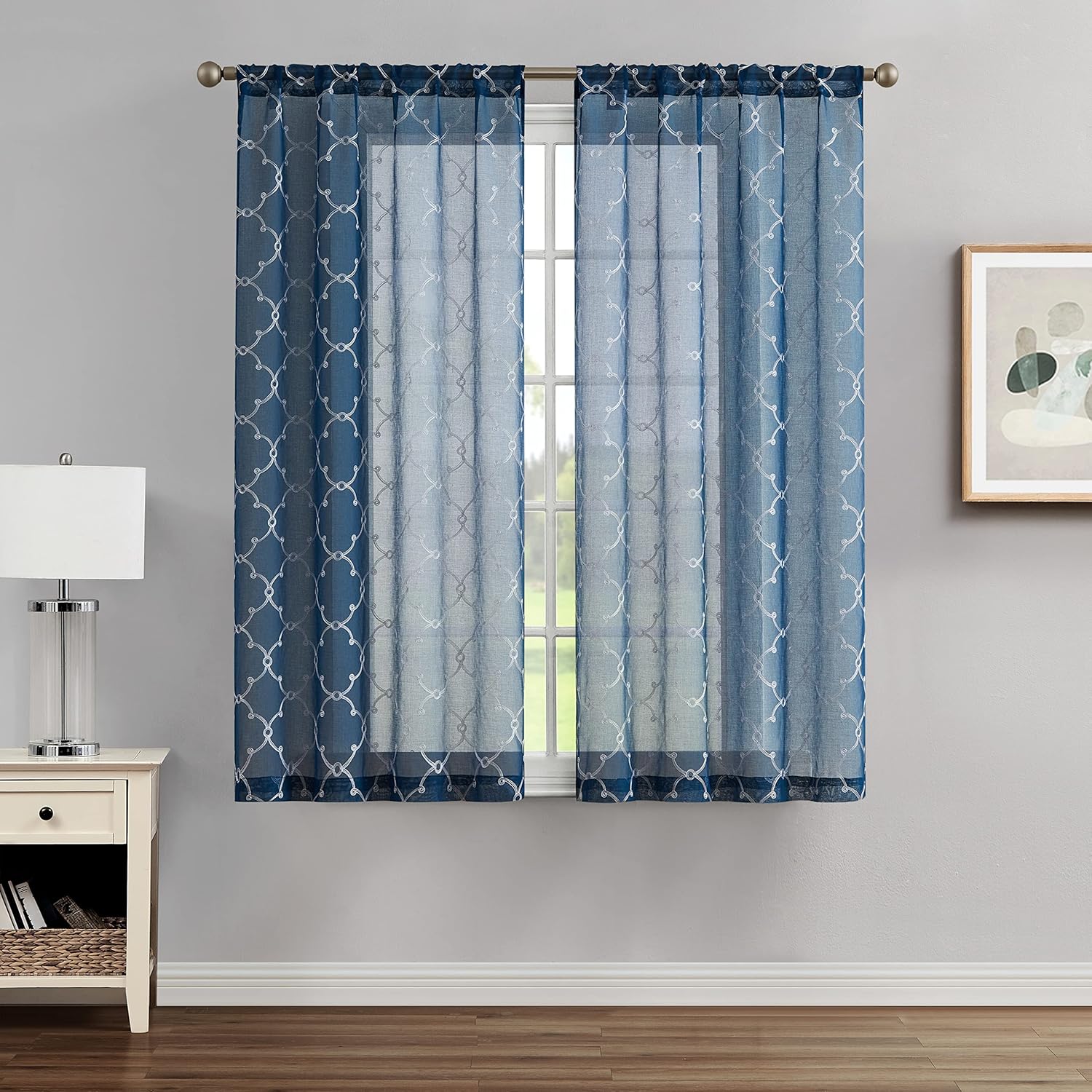 Creative Home Ideas Sheer Curtains (2 Panels, 38" x 63", Blue), Embroidered Geometric Curtain Panels with Tiebacks, Selena Rod Pocket Drapes, Window Curtains for Living Room, Bedroom