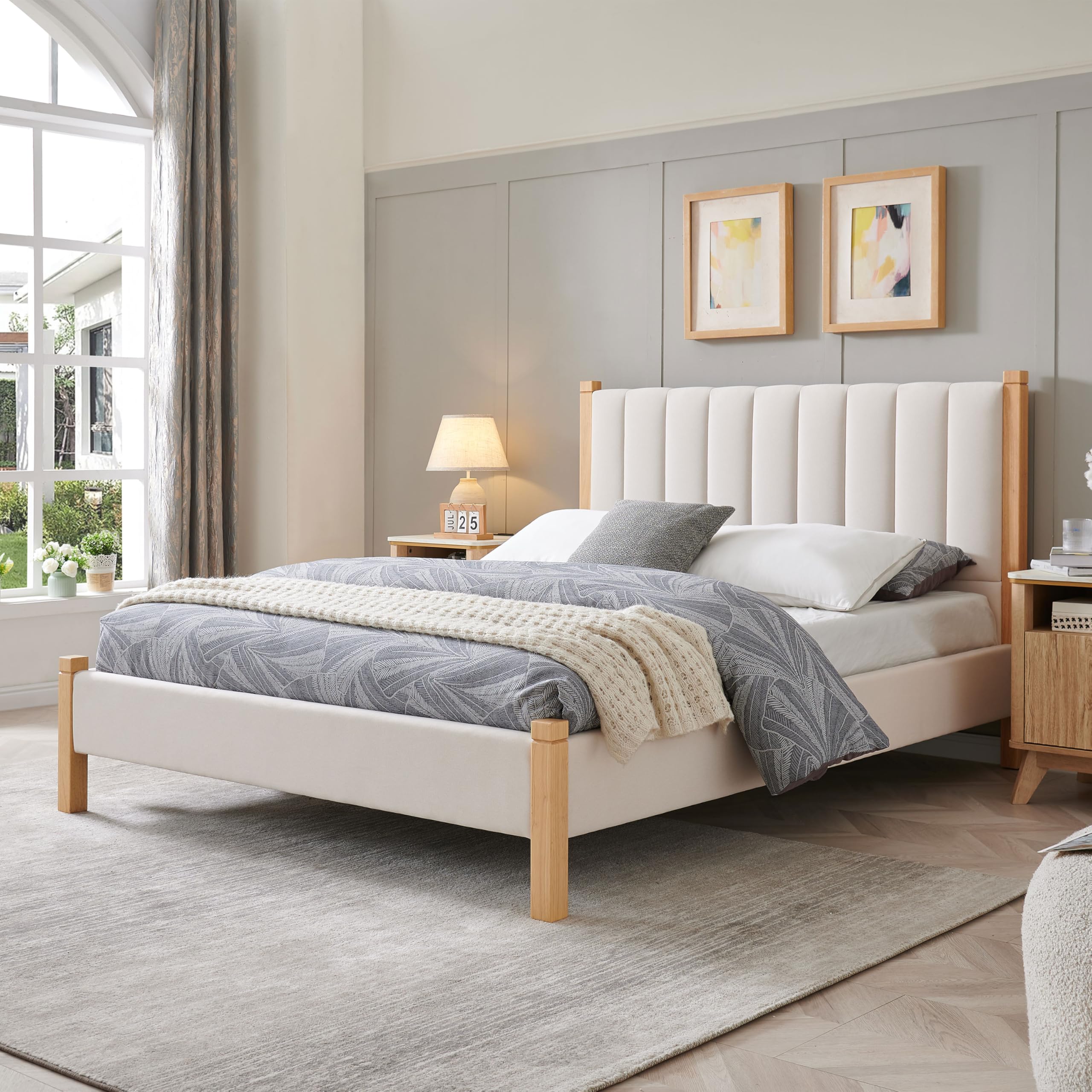 Zanmintaobo Queen Bed Frame, Linen Upholstered Bed Frame with Vertical Channel Tufted Headboard, Mattress Foundation with Strong Wooden Slats, No Box