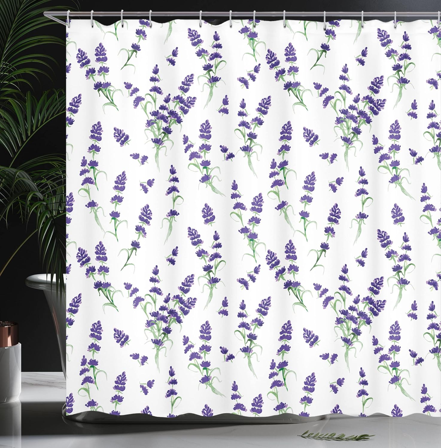 Ambesonne Flower Shower Curtain, Watercolor Lavender Flowering Fragrant Pale Plant Essential Oil Extract Temperate, Cloth Fabric Bathroom Decor Set with Hooks, 69" W x 75" L, Violet Green