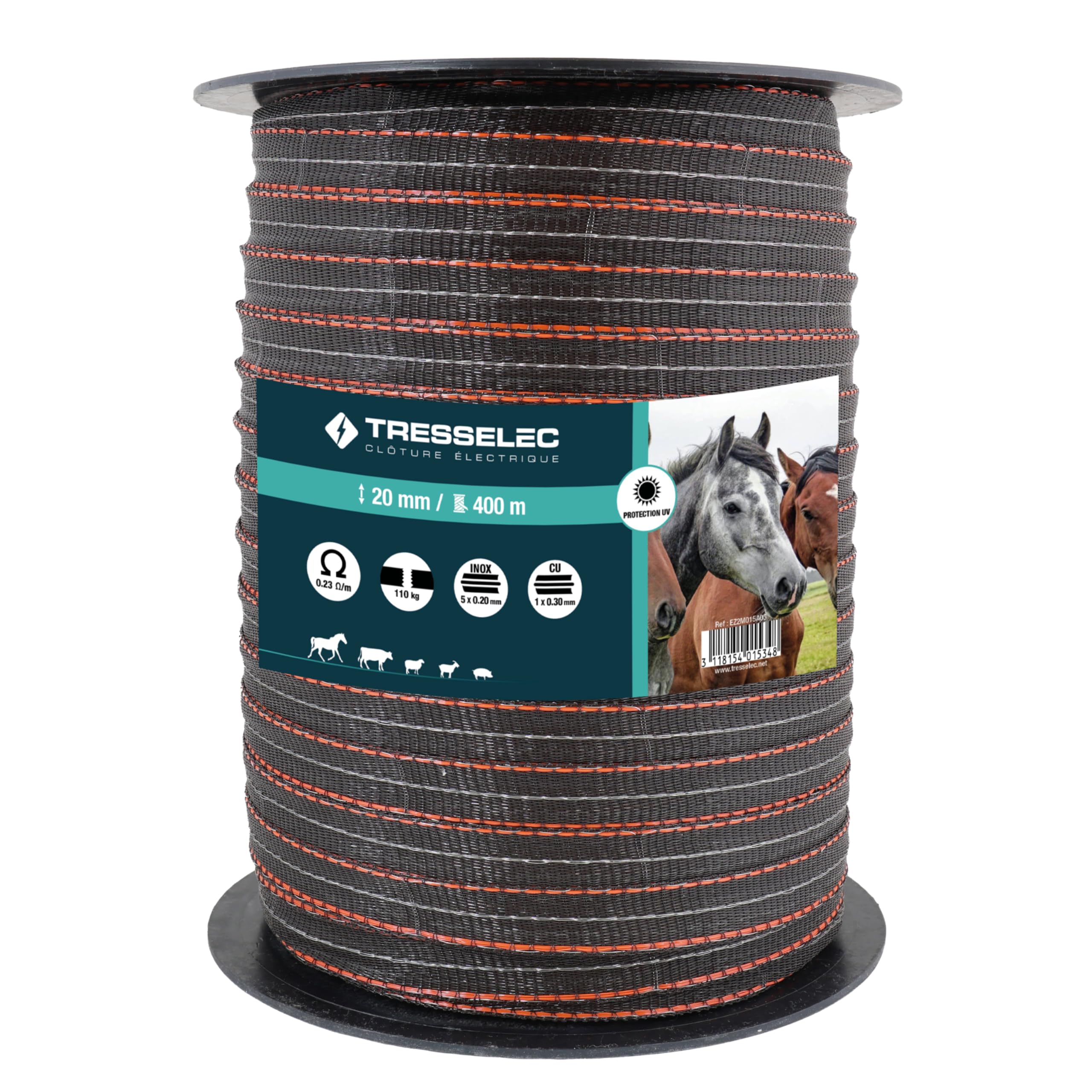 Nastro ZZ 20 mm - Recinzione elettrica per animali (mucca, capra, pecora, cavallo) - Bobina da 400 m - 5 fili in acciaio inox diametro 0,20 mm e 1 filo di rame diametro 0,30 mm